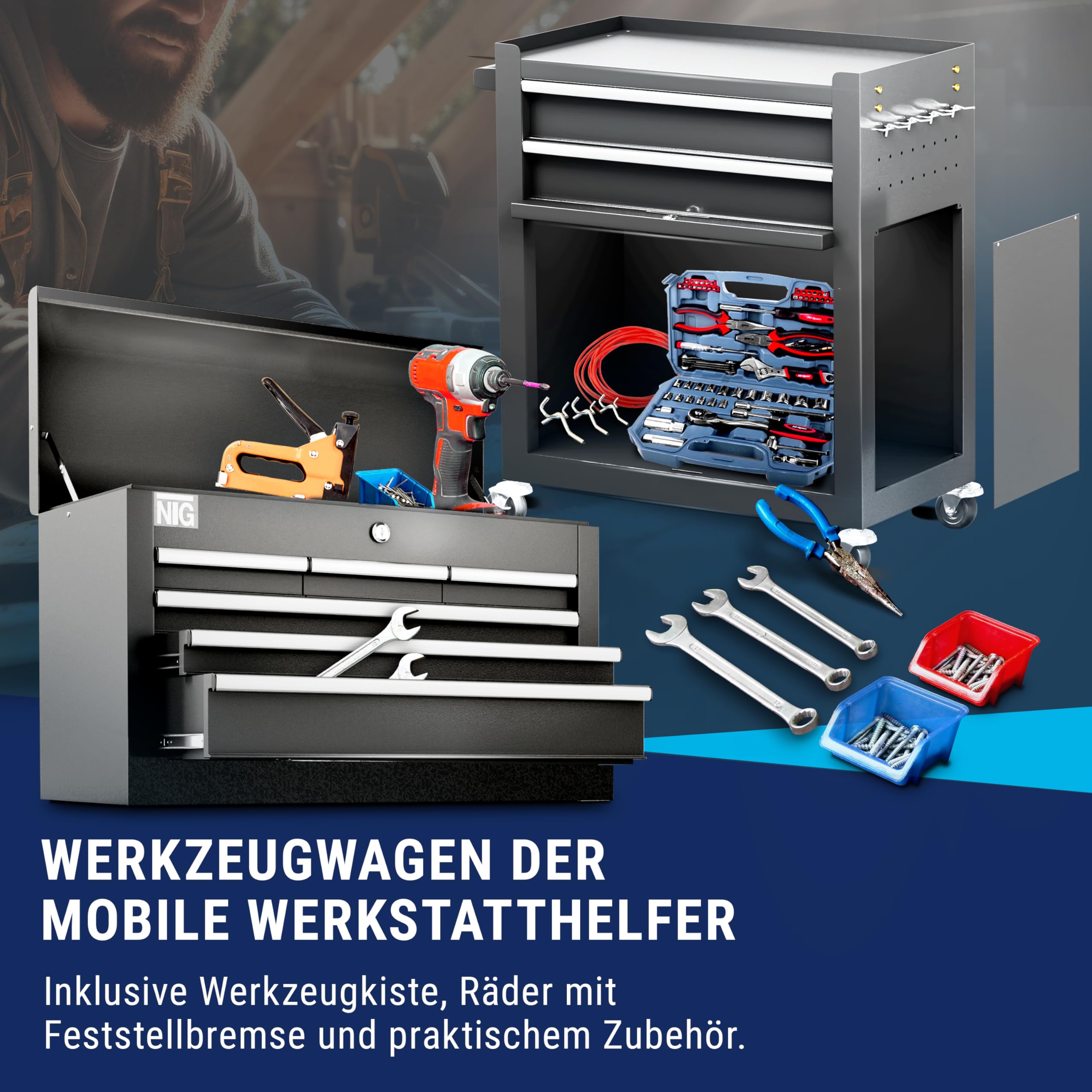 NTG Werkzeugwagen leer mit Werkzeugkiste | 8 Schubladen + großes und kleines Fach | Werkstattwagen leer OHNE Werkzeug Kugelgelagerte Schubladen | Transportsicherung | 1 Rolle mit Feststellbremse