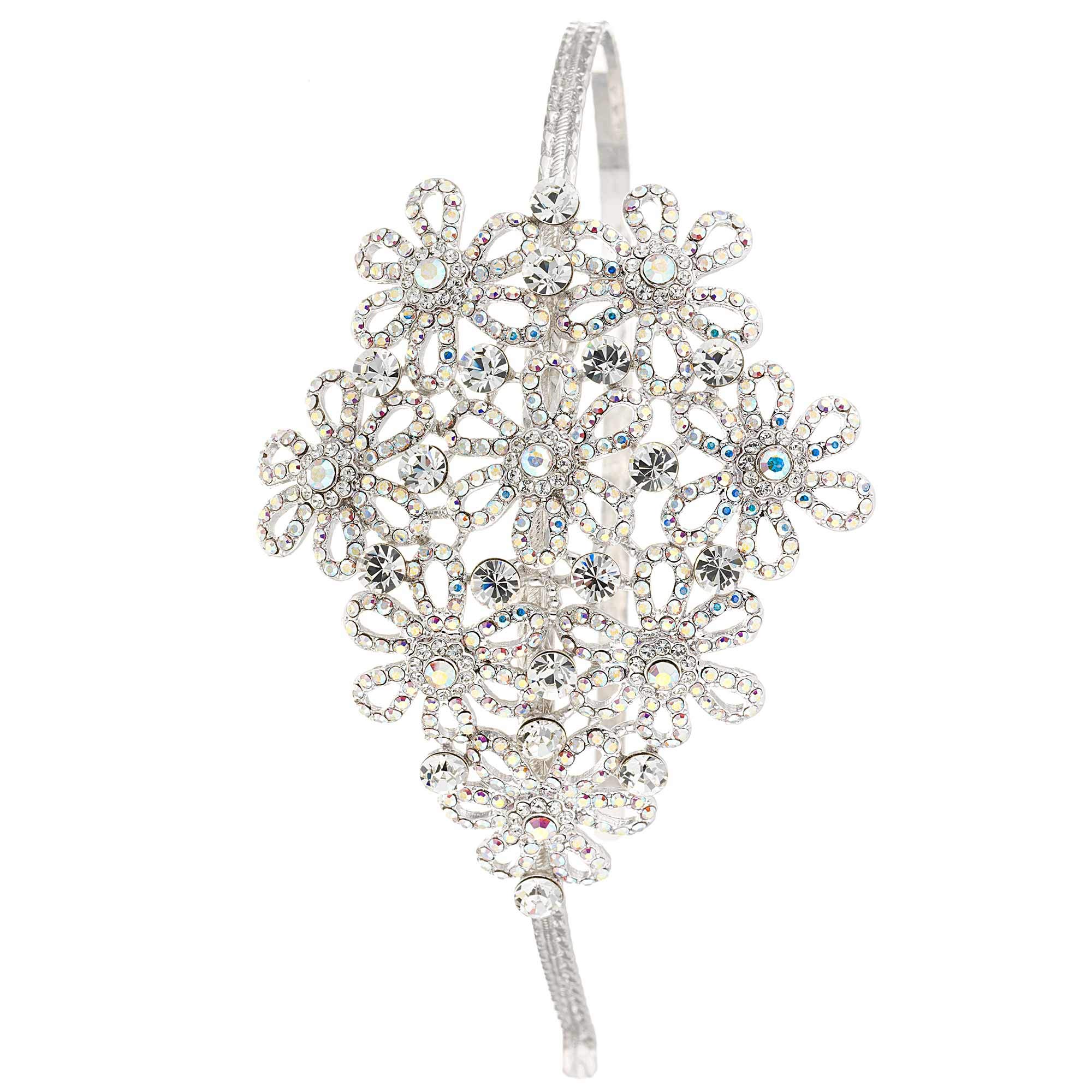 Gemini London Crystal Hair Band, Floral Side Detail Headband, Clear & AB Swarovski Crystals, Rhodium Plated