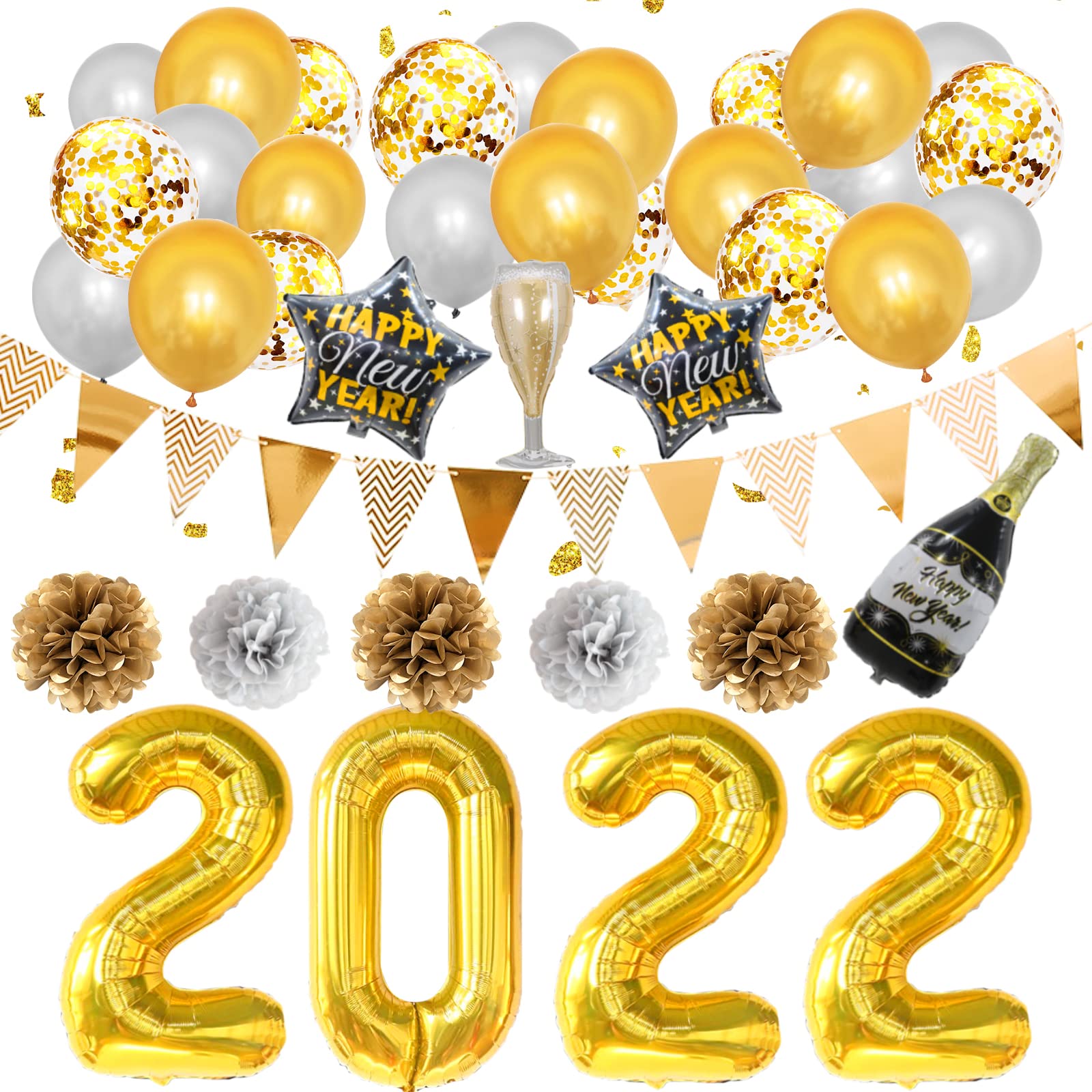 Buy Happy New Year Balloon 2022 Set, Black Gold New Years Party Decorations Kit, Large Size 2022
