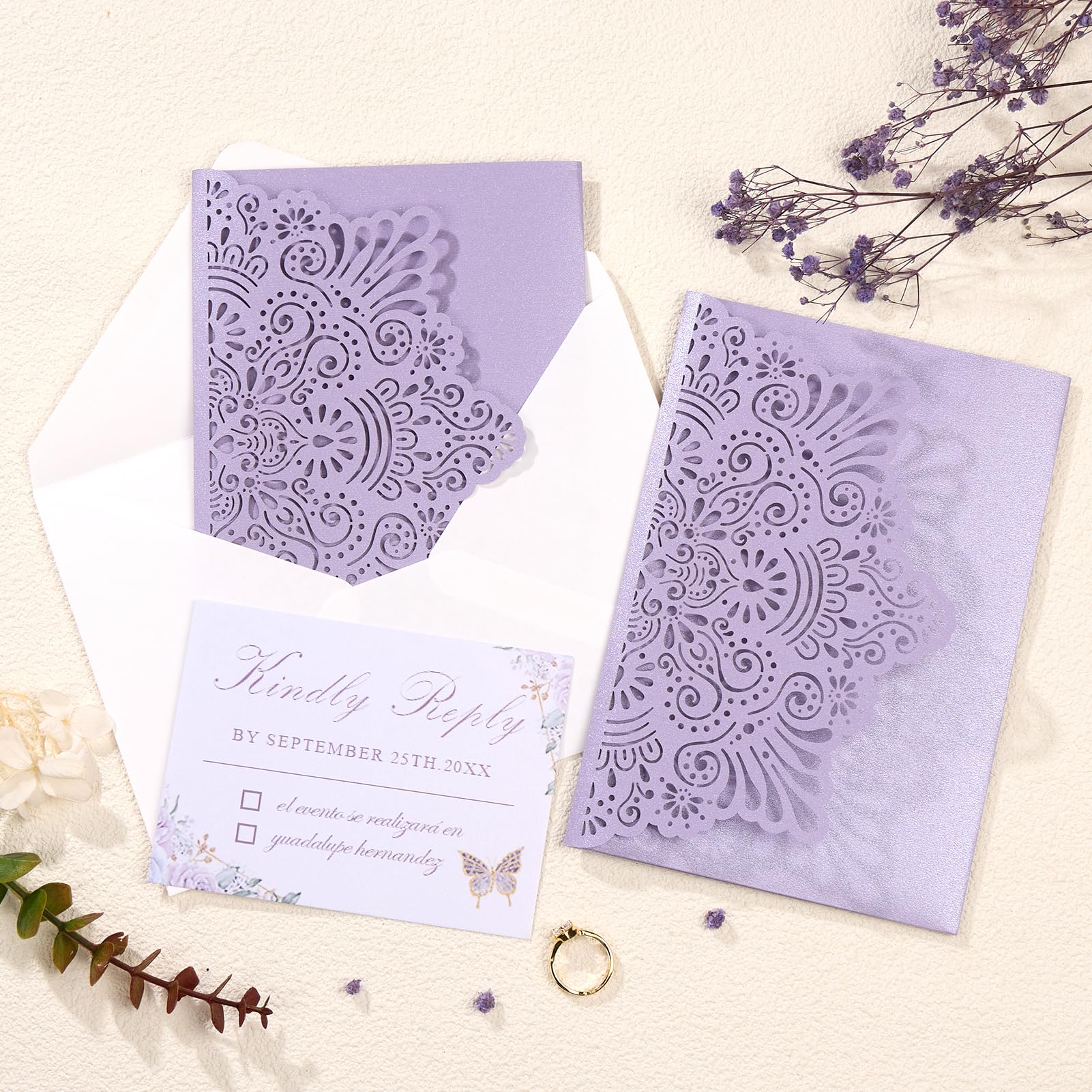 Hochzeitseinladungen, personalisierbar, lasergeschnitten, mit Umschlägen und RSVP-Karten für Verlobung, Quinceanera, Brautparty, Geburtstag, Lila, 50 Stück