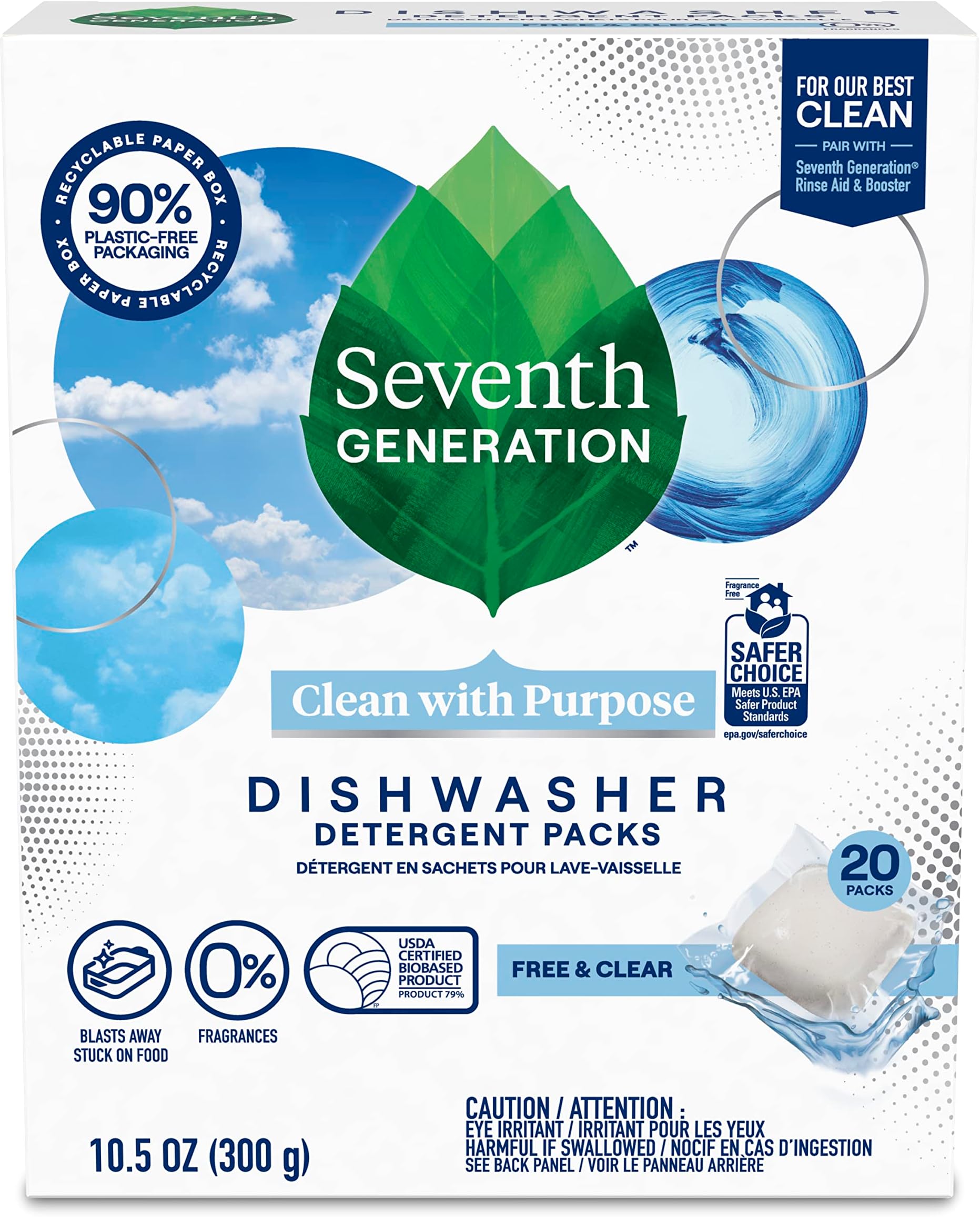 Dishwasher Detergent Packs, Free & Clear, Fragrance Free , 20 Packs, 10.5 oz (300 g)