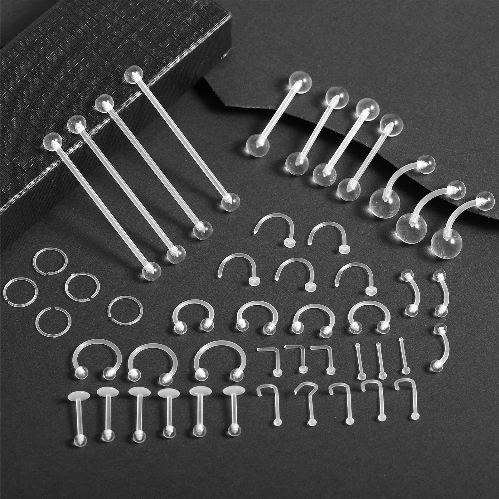 48 szt. przezroczysty zestaw do piercingu akrylowy kolczyk do nosa języka pępka pierścienie plastikowe piercing przezroczysty piercing biżuteria kolczyki brwi chrząstka tragus warga przegrody