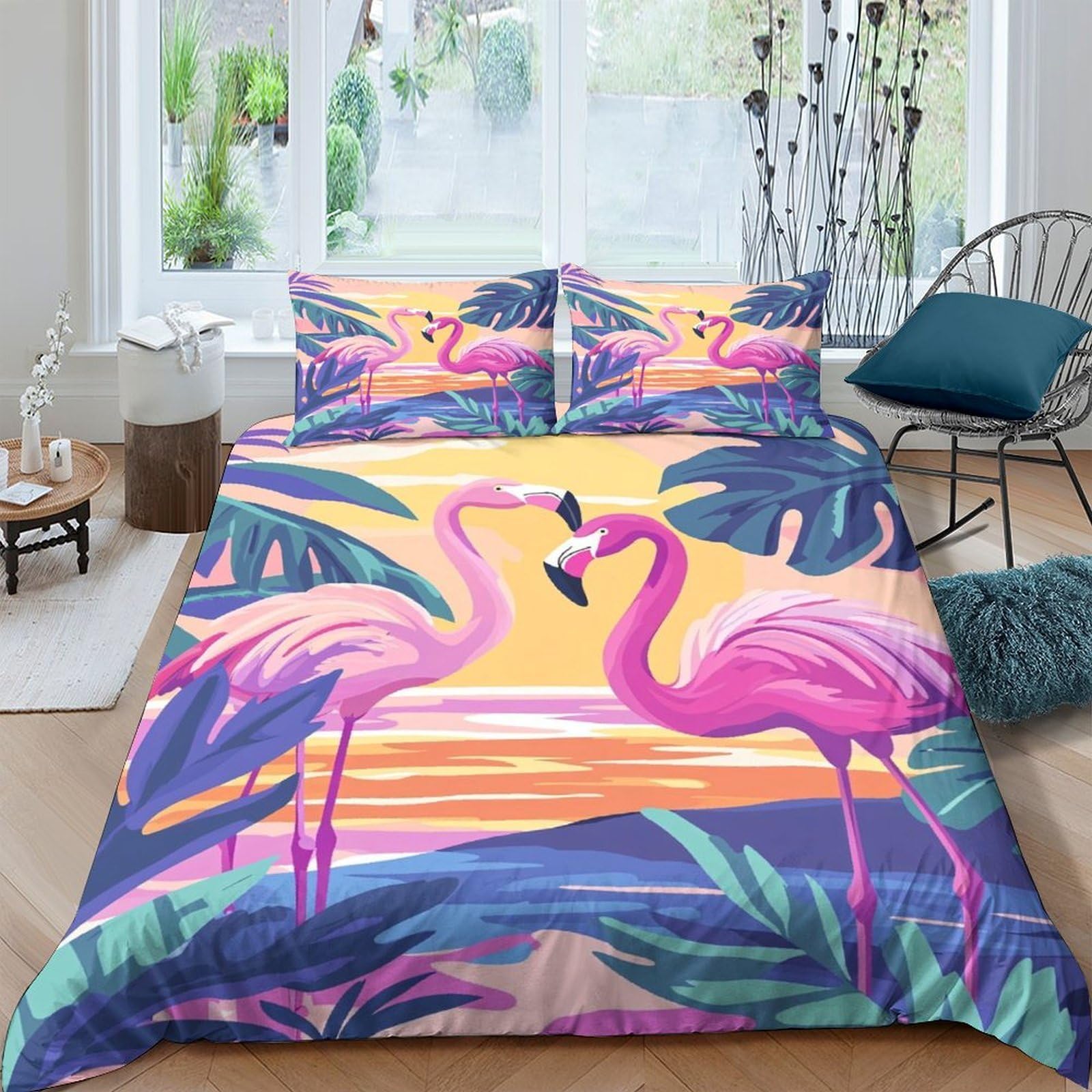 Ctjqhvkz Style-3 3D Printed Flamingo Sunset Fitted Sheet Microfiber Soft Breathable Tropical Leaves Mattress Cover For Bedroom Guest Room Decor Single（135X200cm）