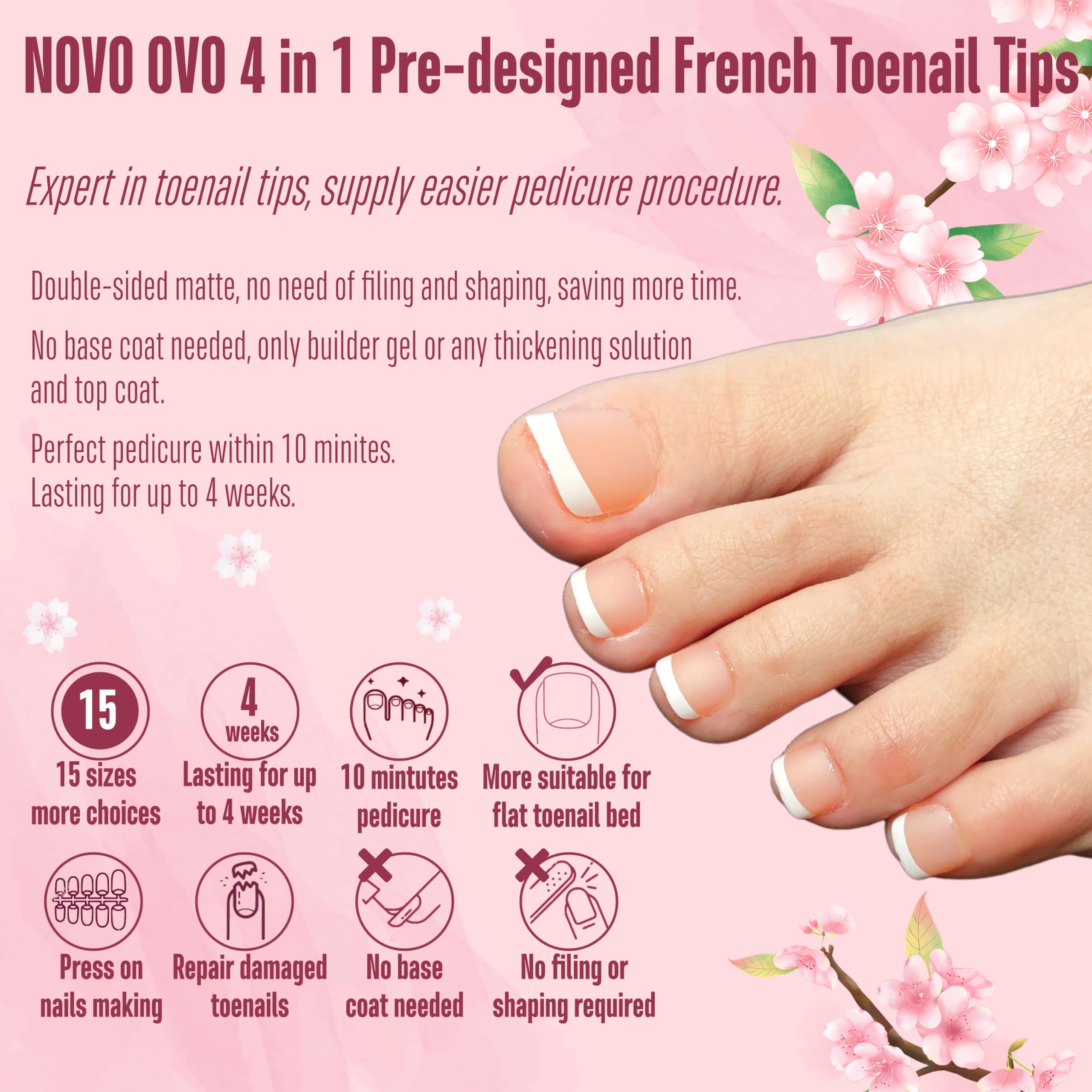 NOVO OVO Fake Toe Nail Tips Press on, French Tip Soft Gel Toenail Extension - Image 3