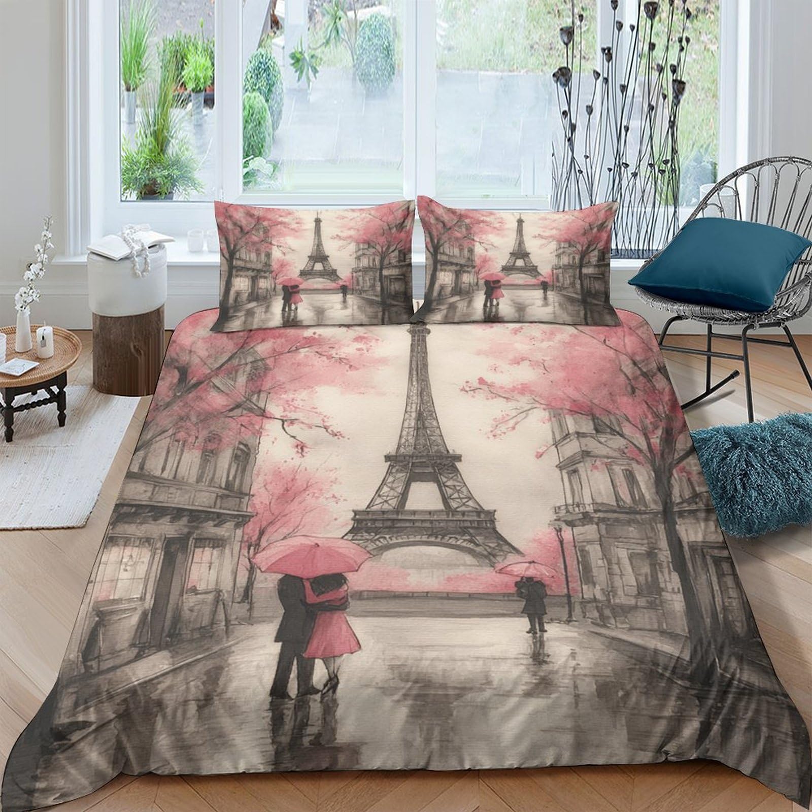 Ctjqhvkz Style-8 3D Printed Eiffel Tower Paris Fitted Sheet Microfiber Soft Pink Umbrella Bed Cover Bedroom Decor Mattress Protection Single（135X200cm）