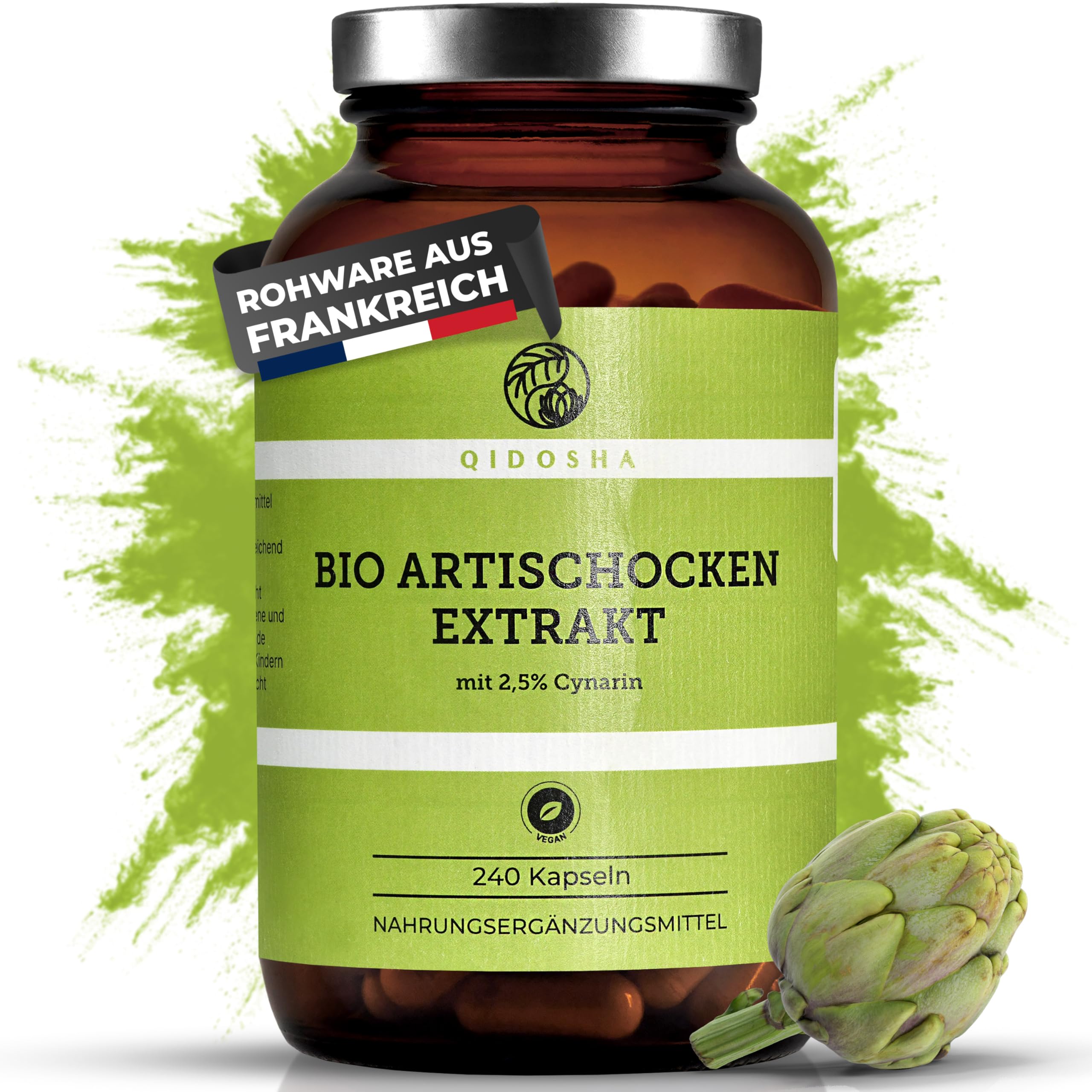 QIDOSHA® Bio Artischocken-Extrakt aus Frankreich, 240 Kapseln im Apothekerglas, 1800mg je Tagesportion, 600mg je Kapsel, mit 2,5% Cynarin, deutsche Fertigung, jede Charge laborgeprüft