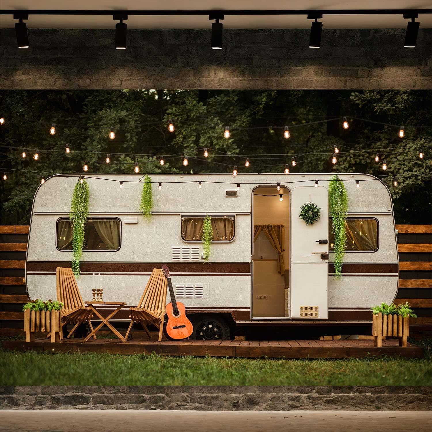 8X6ft Camping Backdrop RV Theme Adventure Camper Background, Spring Forest Scenery Kids Photography Backdrop Polyester for Baby Shower Birthday Party