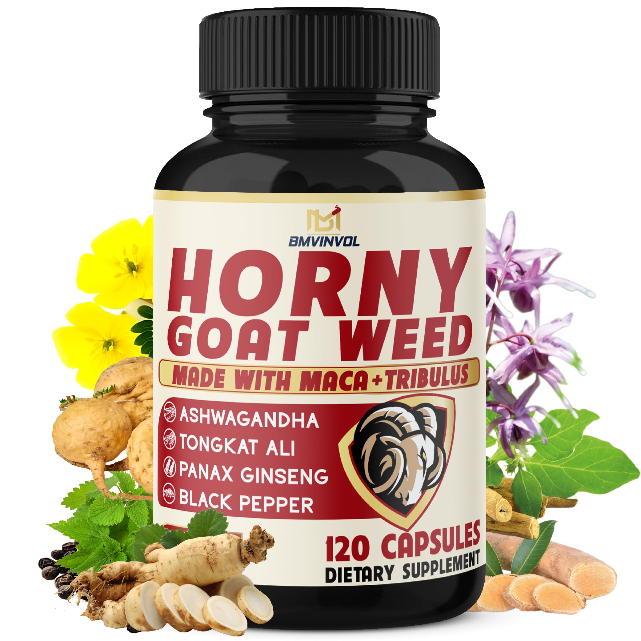 BMVINVOL Horny Goat Weed for Men and Women with Maca, Tribulus, Ginseng, Ashwagandha, Tongkat Ali - 120 Capsules for 4 Month Supply 120 Count (Pack of 1)