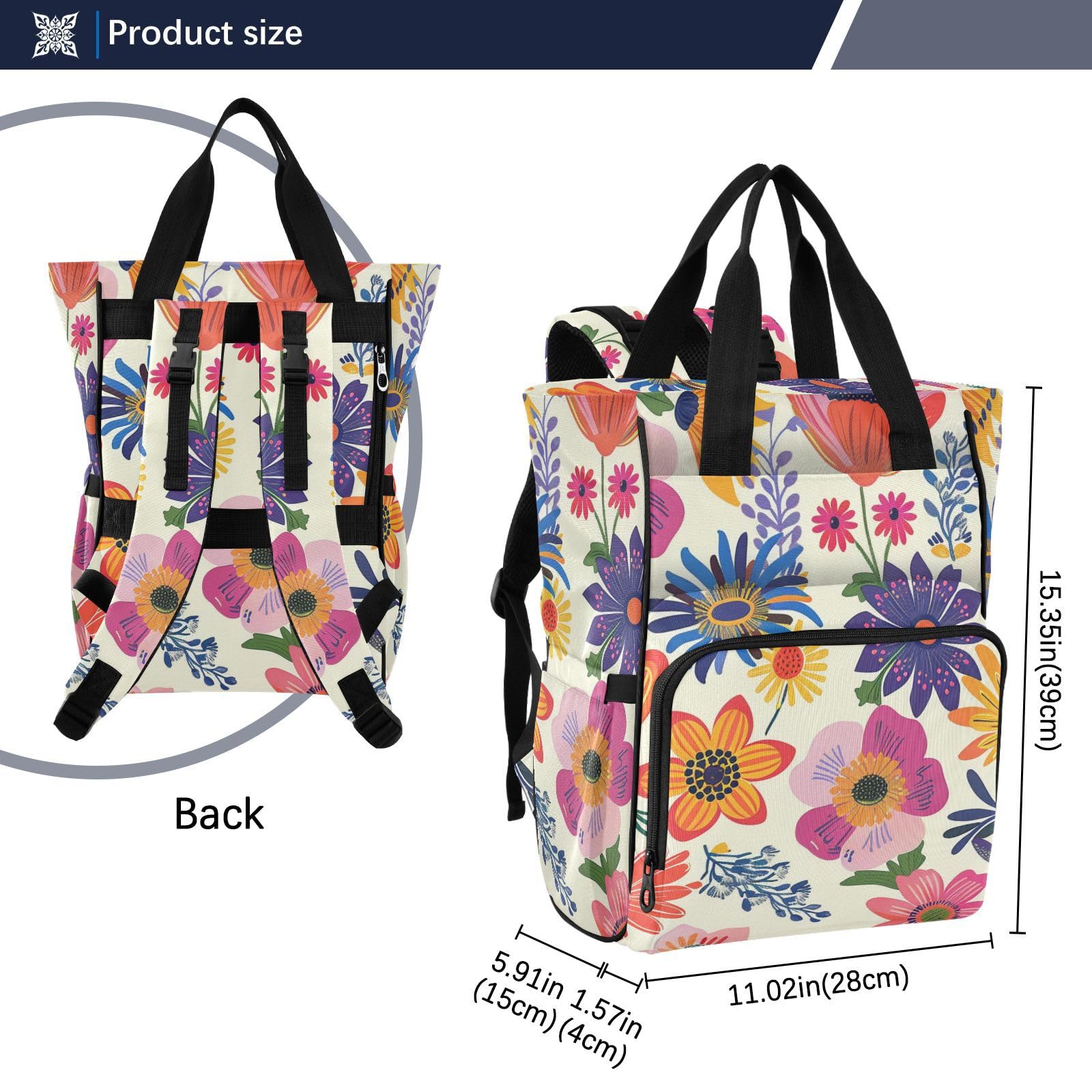 Bolsa de pañales para bebé niña con flores coloridas