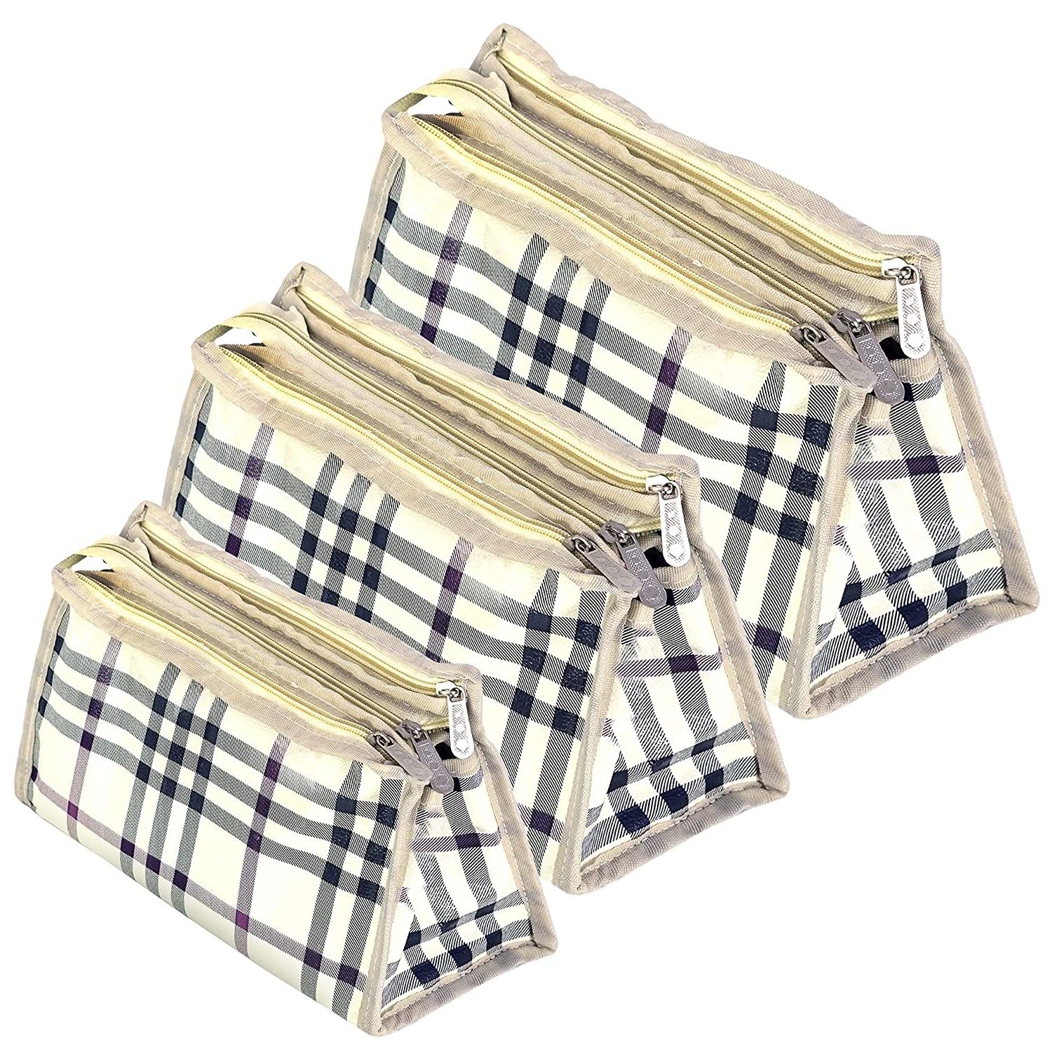 STACKRAID Polyester Set of 3 Difference Size Multipurpose Travel Pouch Toiletry Shaving Cosmetic Makeup Kit Zipper Stationary Case Pen/Pencil/Cosmetics Pouch - Ivory (Checks Design)