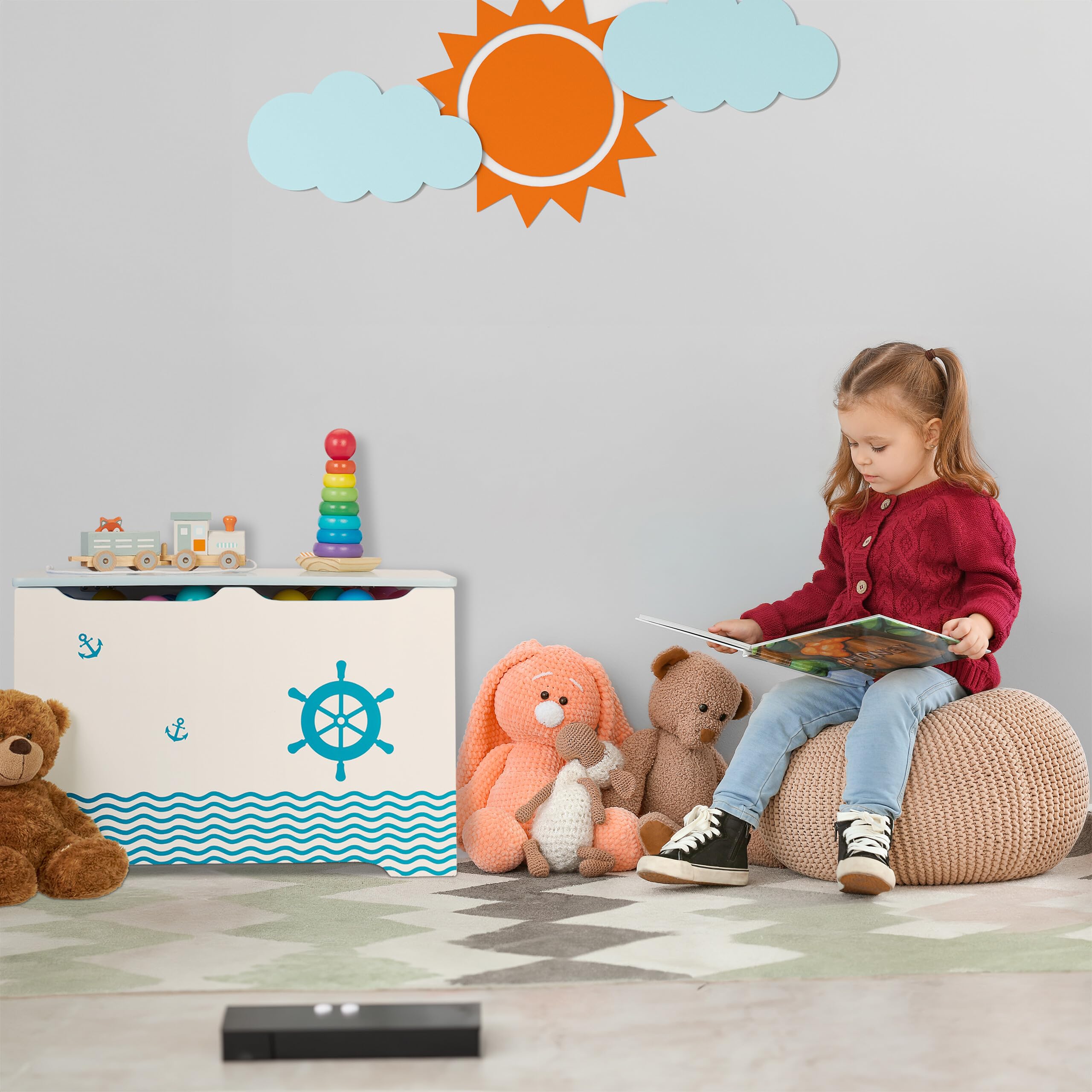 Relaxdays Spielzeugtruhe Für Kinder, Stauraum Für Spielzeug, Sitzbank M. Deckel, HBT 47x57x30 Cm, Sternmotiv, Weiß-Grau
