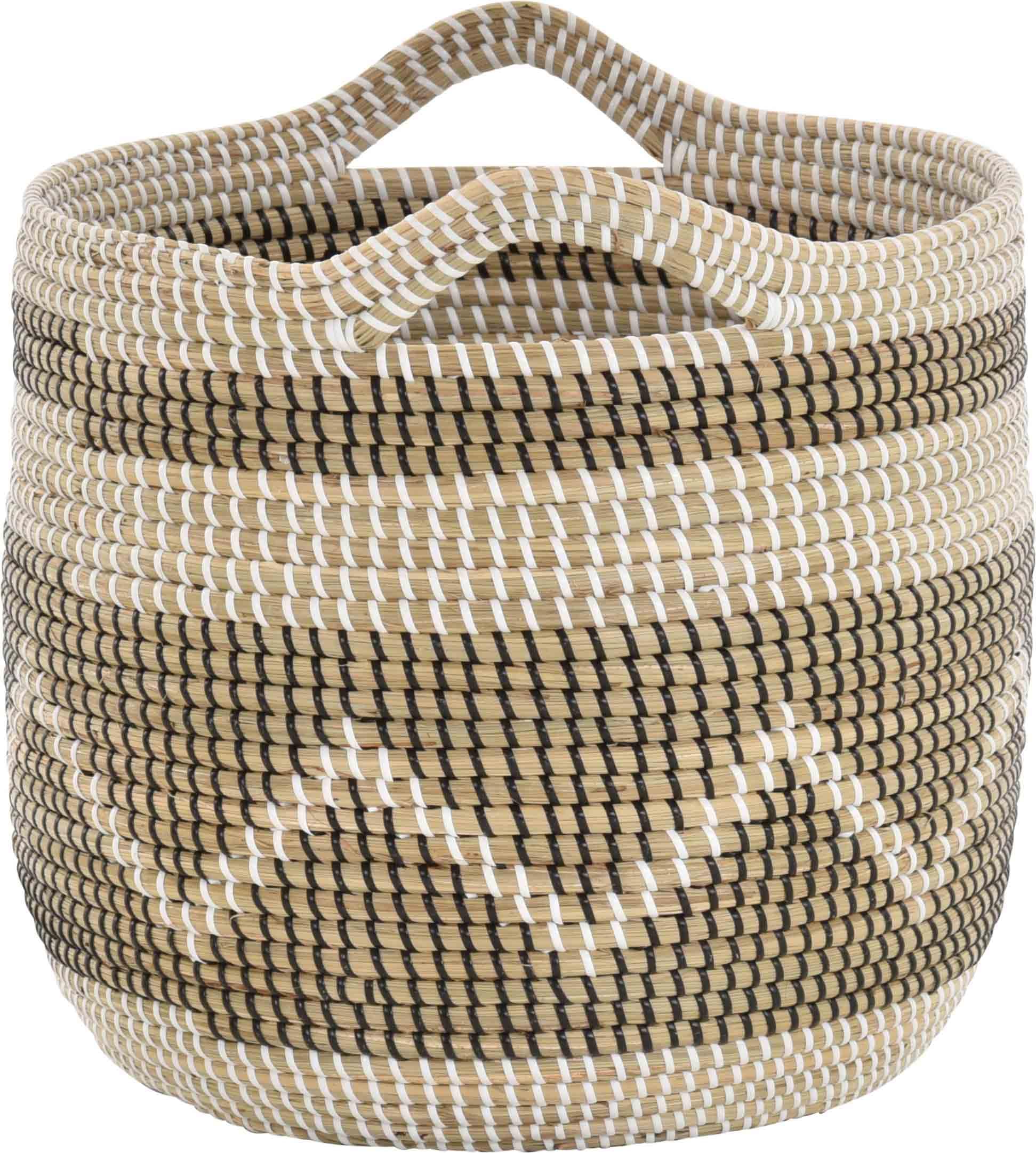Runder Tragekorb Dekokorb Aufbewahrungs-Box Allzweck-Korb Natur Seegras mit bunten Wicklungen Flechtkorb (Natur Schwarz Weiss)