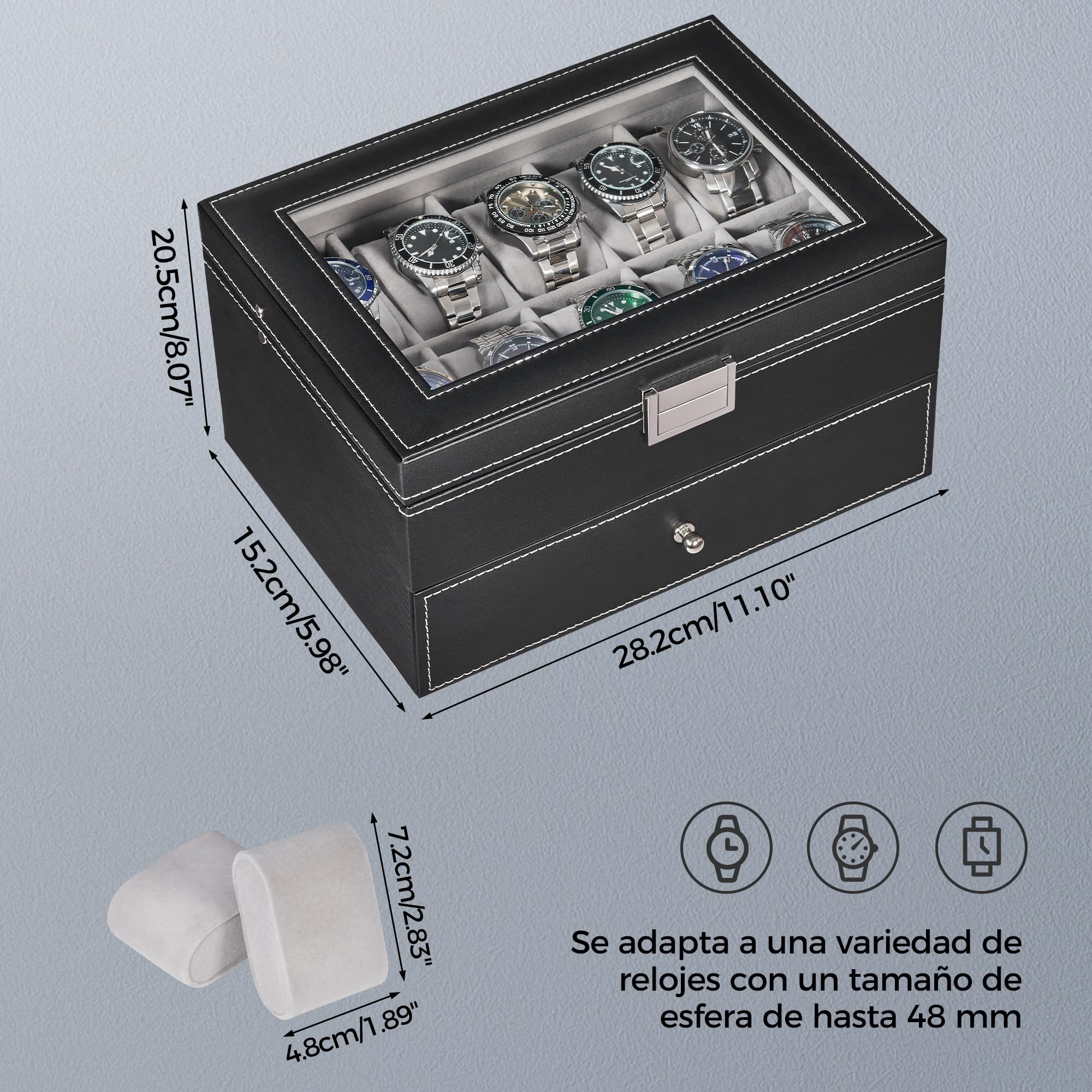 BEWISHOME Caja de Relojes 20 Compartimentos Estuche Tapa Cristal Negro ESSH04B