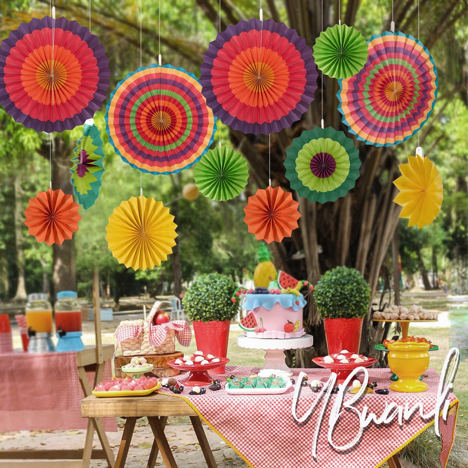 Huryfox Fiesta Party Decorations - 33 Pieces Colorful Mexican Theme Hanging Paper Fans, Rainbow Paper Pom Poms, Fiesta Bunting and Tissue Paper Garlands for Birthday
