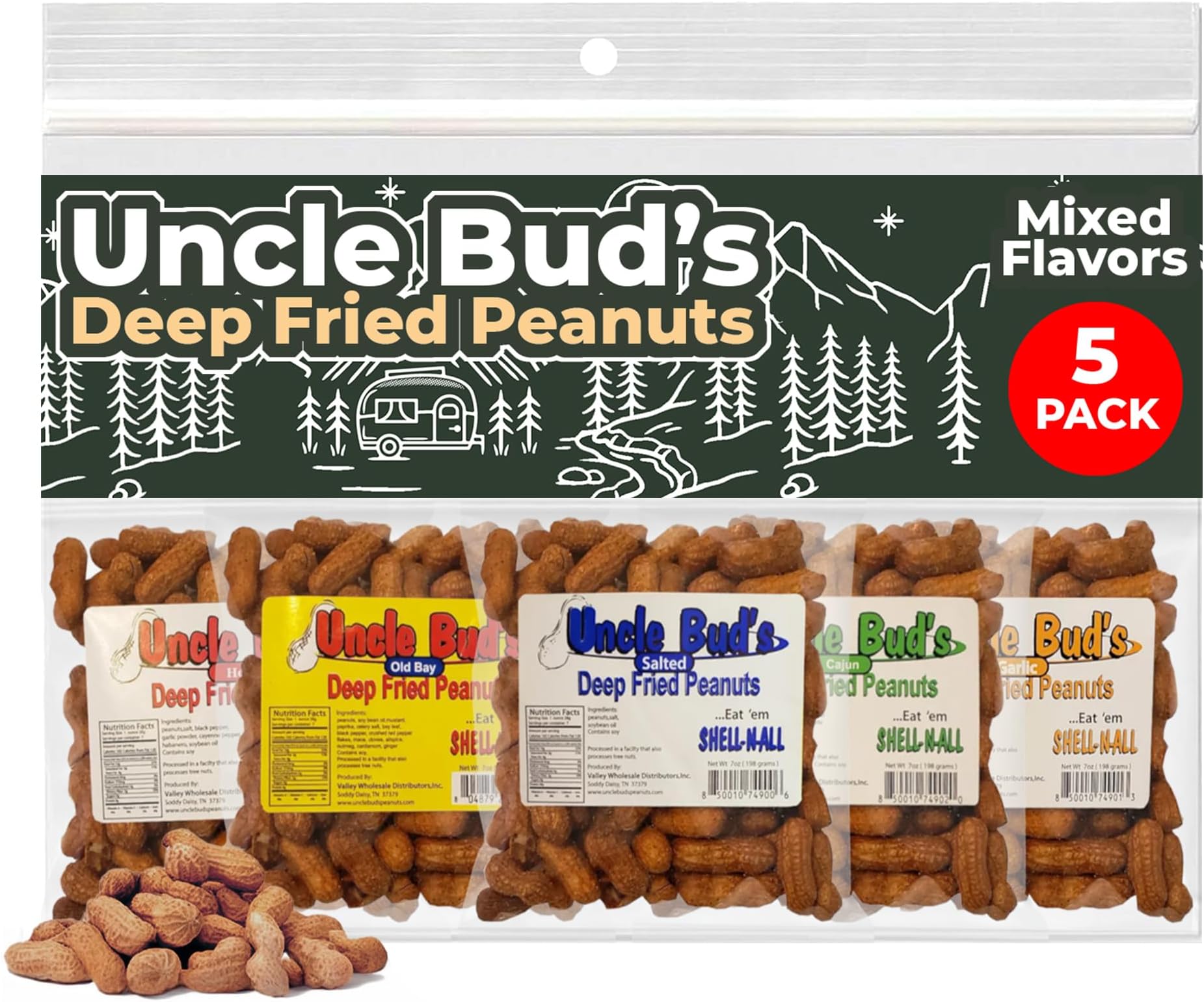 Uncle Bud's Deep Fried Peanuts In Shell (5 Pack), Peanuts Individual Packs: Salted, Cajun, Garlic, Hot, Old Bay, Bacon BBQ, Crunchy Flavored Peanut Variety Pack, Spicy Peanuts, Hot Peanuts In Shell