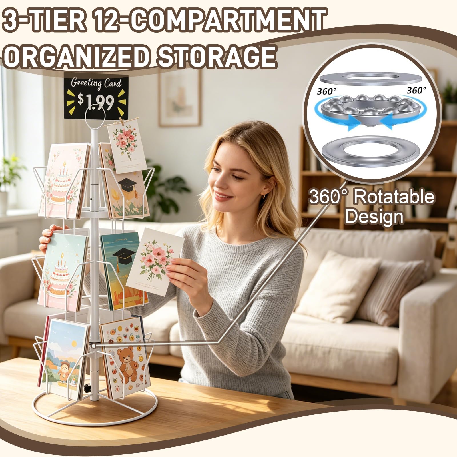 Soporte Para Postales, Tarjetero MetáLico De 3 Niveles Con RotacióN De 360° Y 12 Ranuras Color Blanco Para Postales Pegatinas Fotos Sellos Exposiciones Y Mercados
