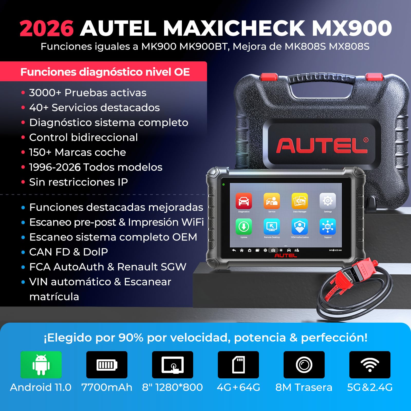 Autel MaxiCheck MX900 Maquina Diagnóstico, Como MaxiCOM MK900-BT Herramienta Escáner OBD2, Avanzado MK808BT MK808S MX808S Diagnosis Coche Multimarca, 3K+ Pruebas Activas, DoIP&CANFD, 40+ Servicio,OS11