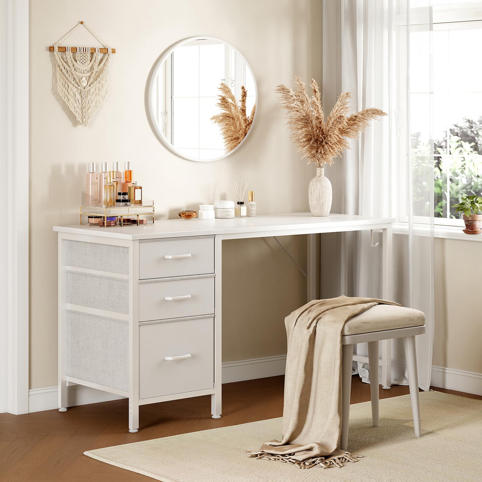 Coleshome Bureau avec 3 Tiroirs en Tissu, 120x48cm Bureaux Informatique avec Porte-Casque, Blanc Bureau D'ordinateur Réversible pour Petit Bureaux à Domicile