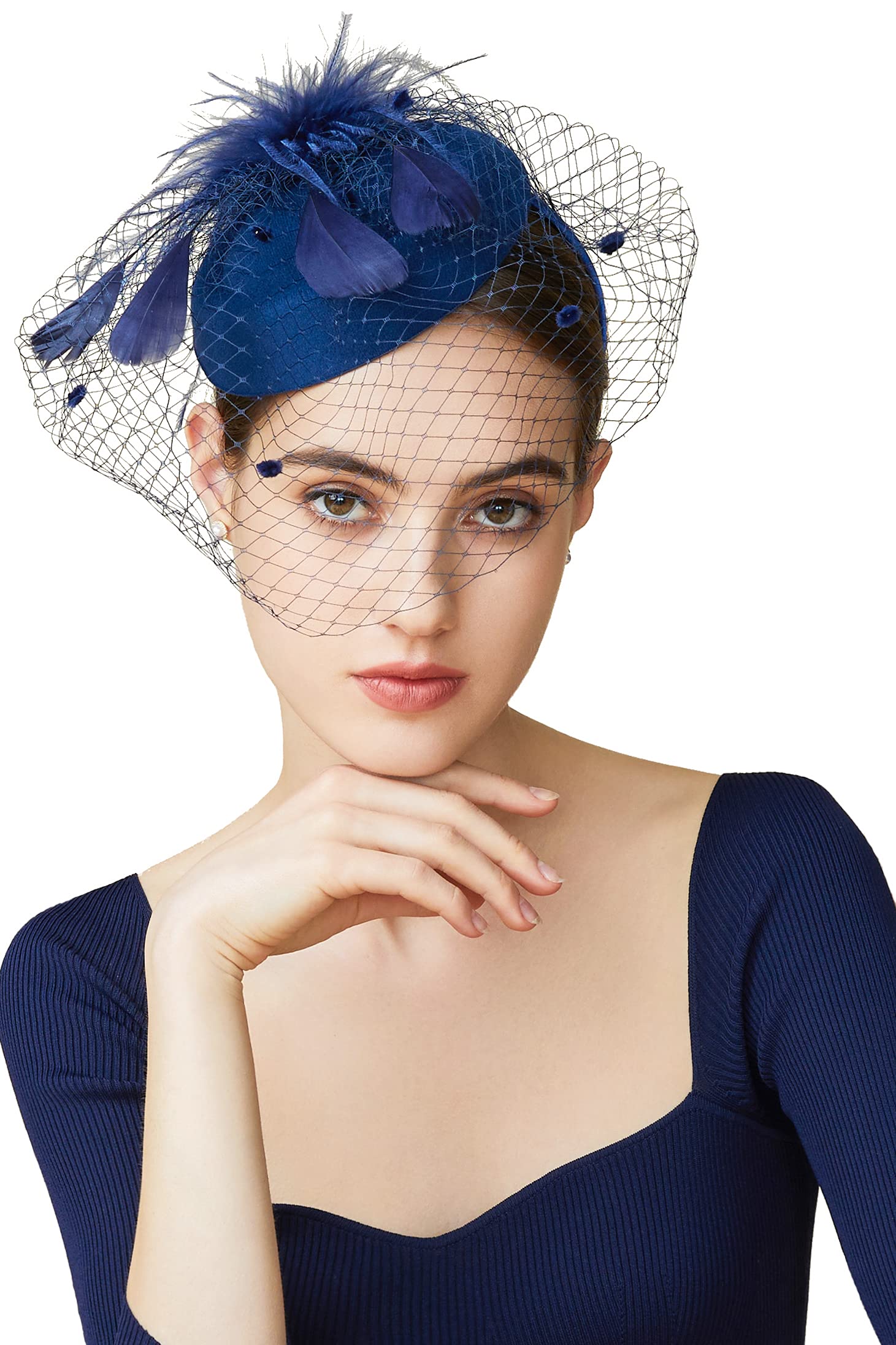 BABEYONDFascinator Hat Veil Feather Fascinators Hair Clip Tea Party Pillbox Derby Hat Fascinator Bridal Wedding