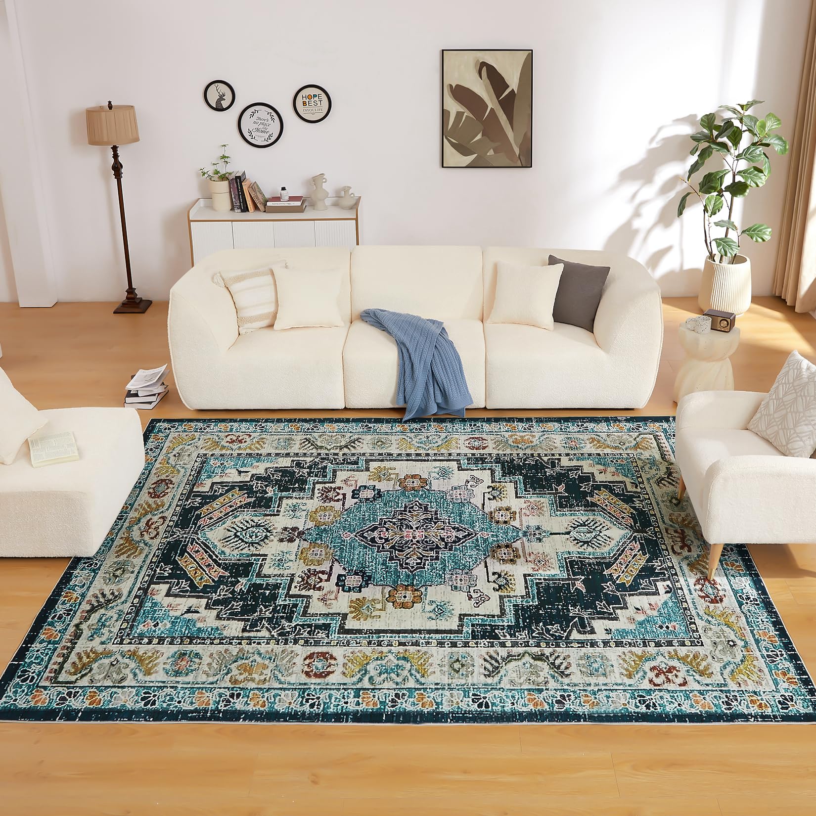 Washable Area Rugs 8x10 Area Rug for Bedroom Vintage Design Boho Rug Washable Area Rugs with Non Slip Rugs for Living Room Bedroom Ultra-Soft Woven Rug Carpet Stain Resistant, Green Rug