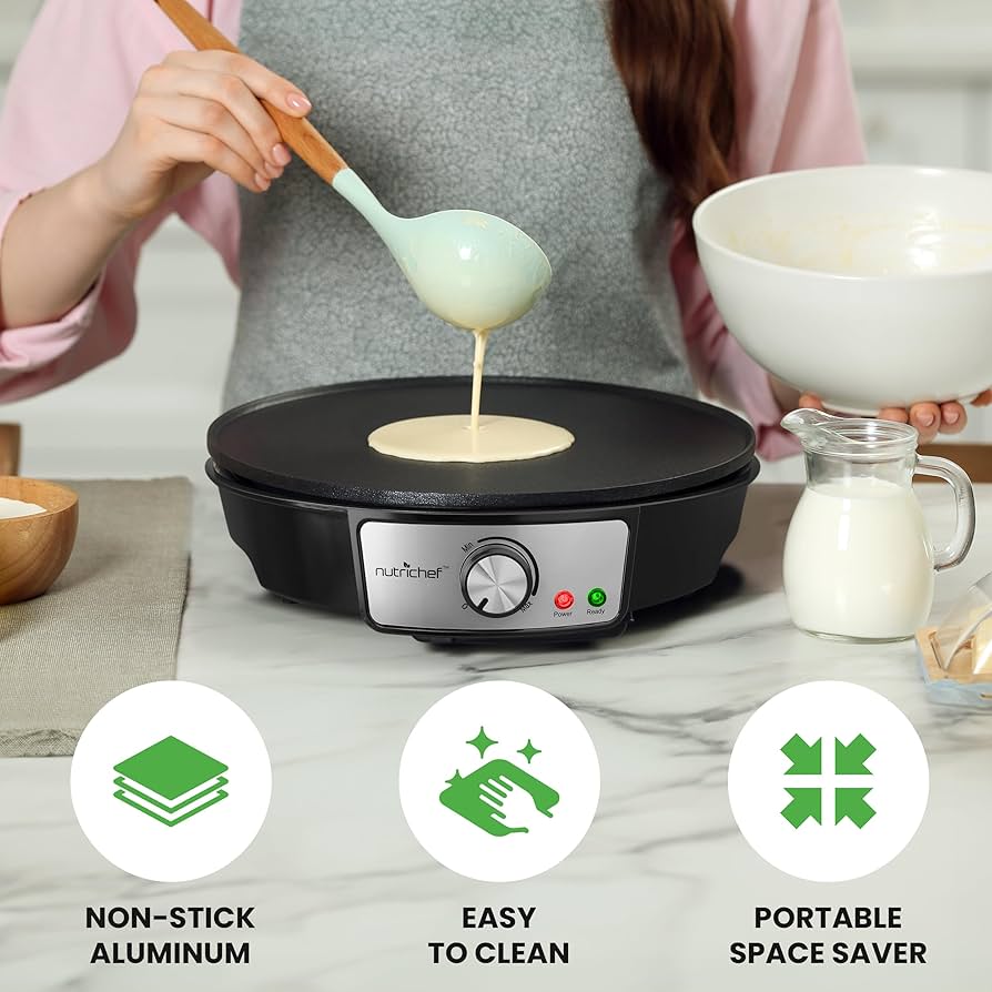 Amazon.com: Nutrichef Electric Crepe Maker Pan & Griddle - 12 Inch Nonstick Cooktop, LED Indicators & Adjustable Temperature Control, Includes Spatula, Batter Spreader, Cooks Crepes, Roti & Pancakes: Home & Kitchen