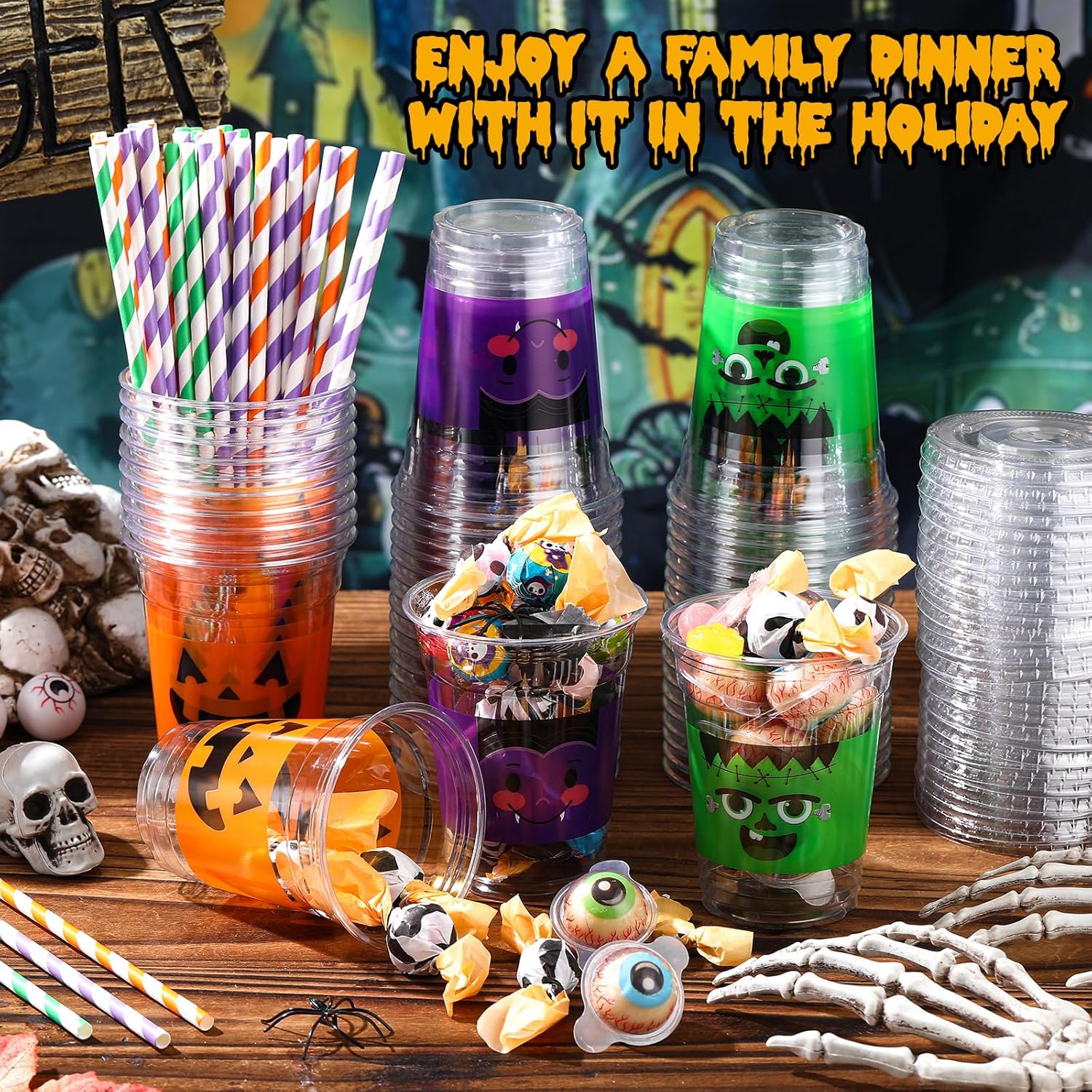 60 Set 12 oz Halloween Plastic Cups Disposable Clear Cups with Lids Paper Straws and Straw Cover for Halloween Party Supply Beer Beverage Snack Coffee Drink Ice Cream - Image 5