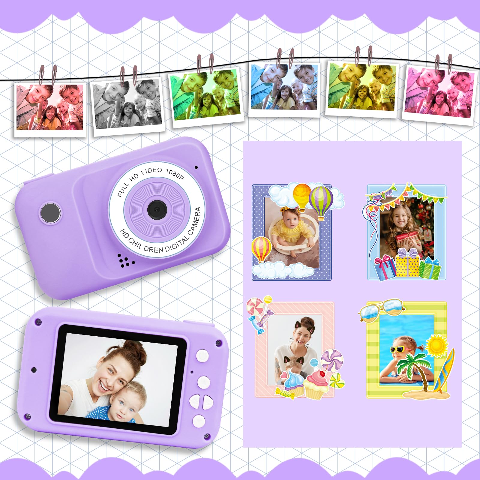 Macchina Fotografica Bambini, 2,4" 1080P HD Ricaricabile Fotocamera Digitale Bambina Videocamera Regalo per Ragazze Ragazzi 3-10 Anni, con Scheda 32 GB, Regali Giocattolo di Natale &Compleanno (Viola)