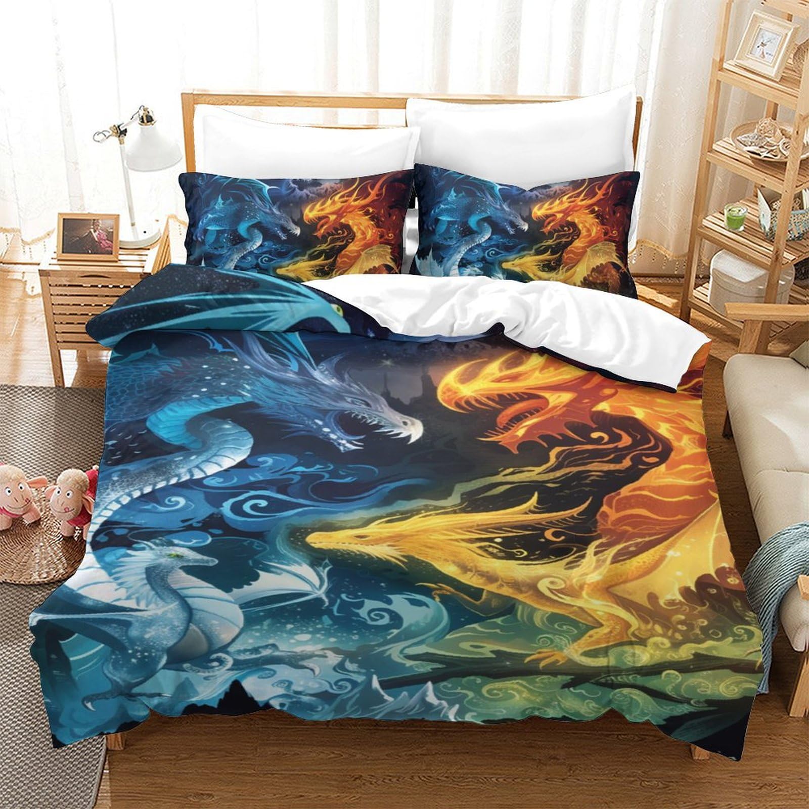 Housse de couette dragon imprimé 3D microfibre pour chambre enfant
