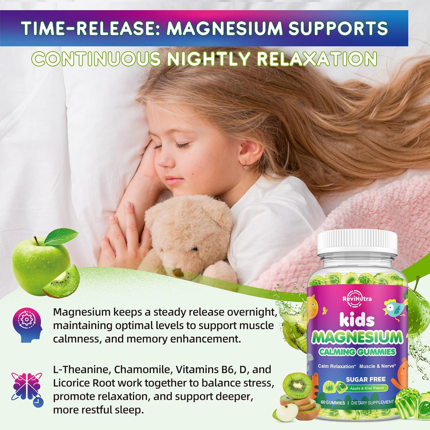 Center-Filled Kids Magnesium Gummies - Magnesium Glycinate Gummies for Kids & Adults with L-Theanine, Chamomile, Licorice, Vitamin D, B6 for Sleep, Relaxation, Brain & Muscle - Sugar Free Apple & Kiwi