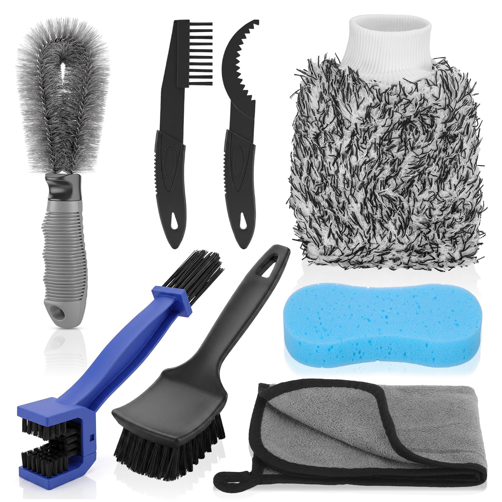 Hahorpa 8Pcs Bike Cleaning Brushes Kit, Bike Cleaning Kit with Cloth & Sponge, Motorbike Cleaning Kits, MTB Motorbike Motorcycle Chain Brush for Crank/Tire/Sprocket Cycling Corner Stain Dirt Clean
