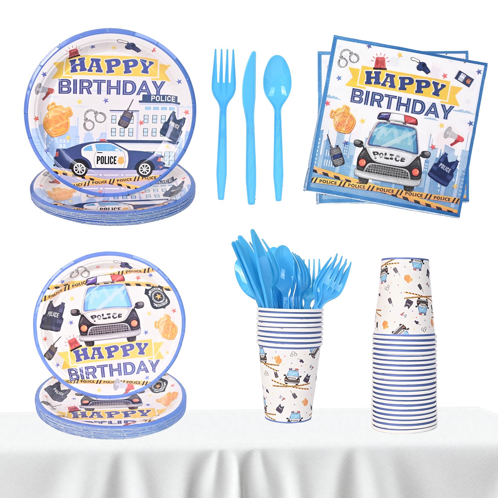 Nicime Police Birthday Supplies, Blue Cute Happy Birthday Tableware for Kid, Party Decoration Supplies with Plate, Paper Cup, Napkin, Fork, Knife,