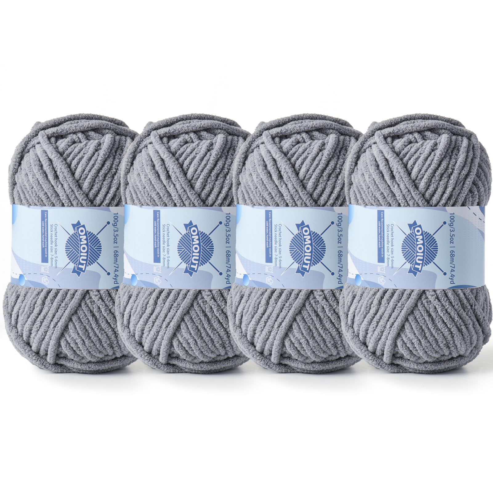 4 Pack Chunky Chenille Yarn for Crocheting, Baby Yarn for Crocheting Soft Blankets, Bulky Yarns for Crochet Amigurumi, 400g (297yds) Fluffy Velvet Yarns for Hand Knitting (4 Light Gray)