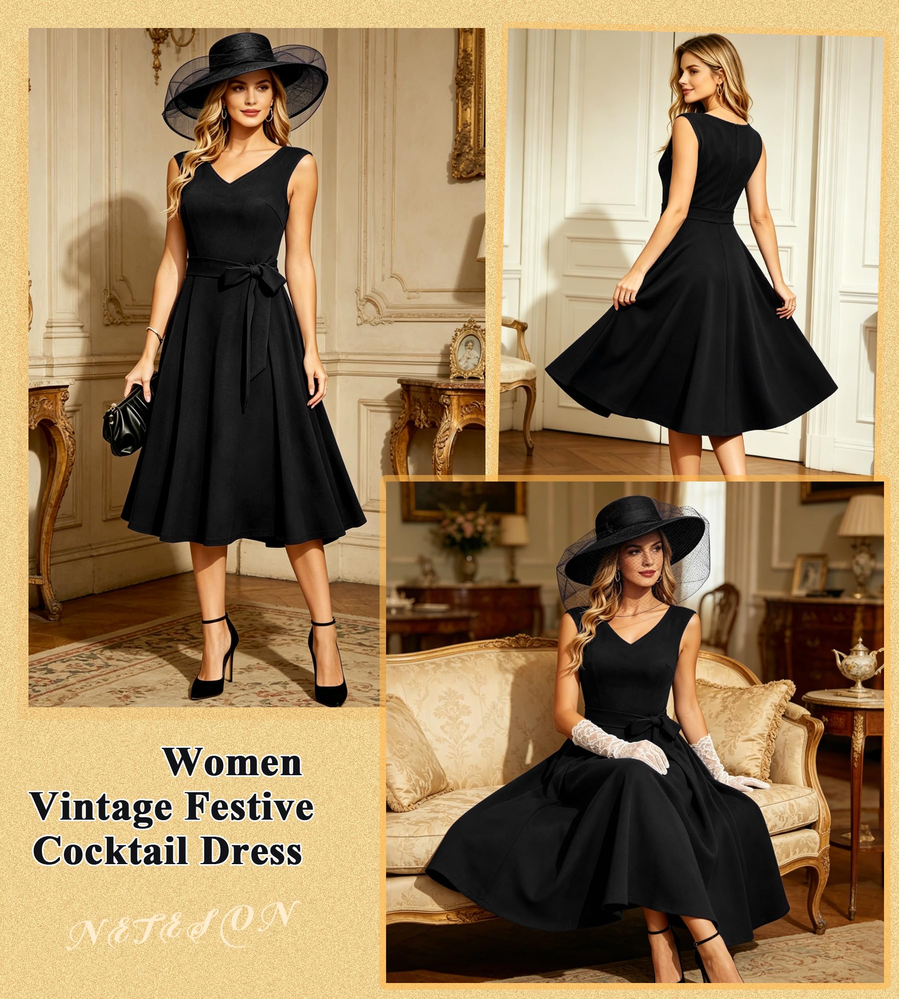 Vestido Mujer Elegante Vestido de Coctel Midi Vestido Formal para Invitada de Boda Fiesta ConfirmaciónVintage Años 50