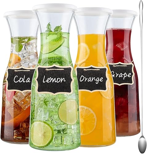 GoldArea - Paquete de 4 jarras de cristal jarra de agua de 35 onzas con 8 tapas jarra de vidrio de 1 litro ideal para té helado limonada tarros de