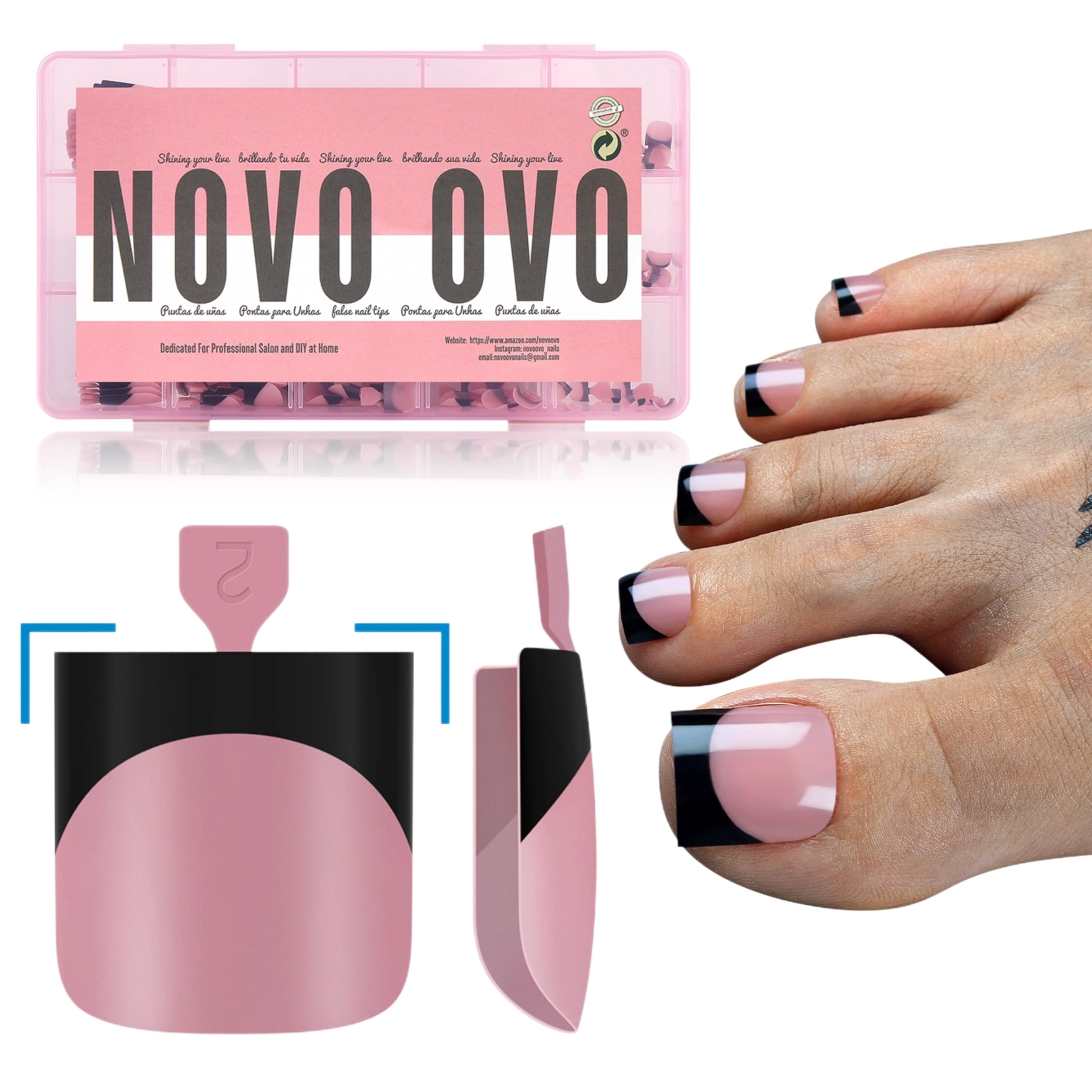 NOVO OVO Halloween Black French Tip Toe Nail Tips Press on