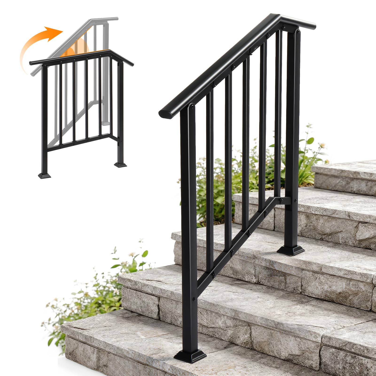 VINGLI Outdoor Handrail for 2-3 Front Steps, Thick Sturdy Wrought Iron