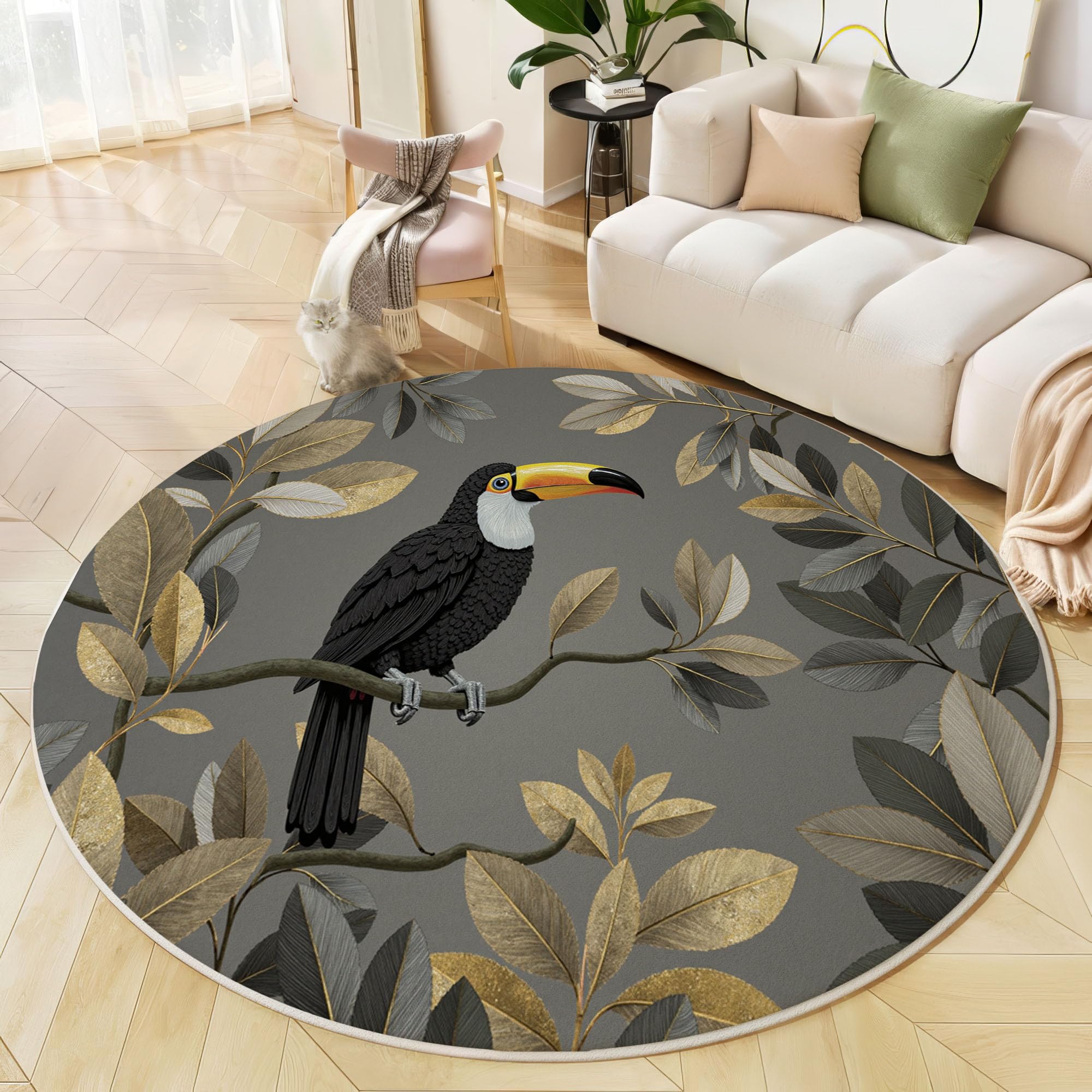 Tapis rond de salon doux antidérapant plantes tropicales toucan 80 cm