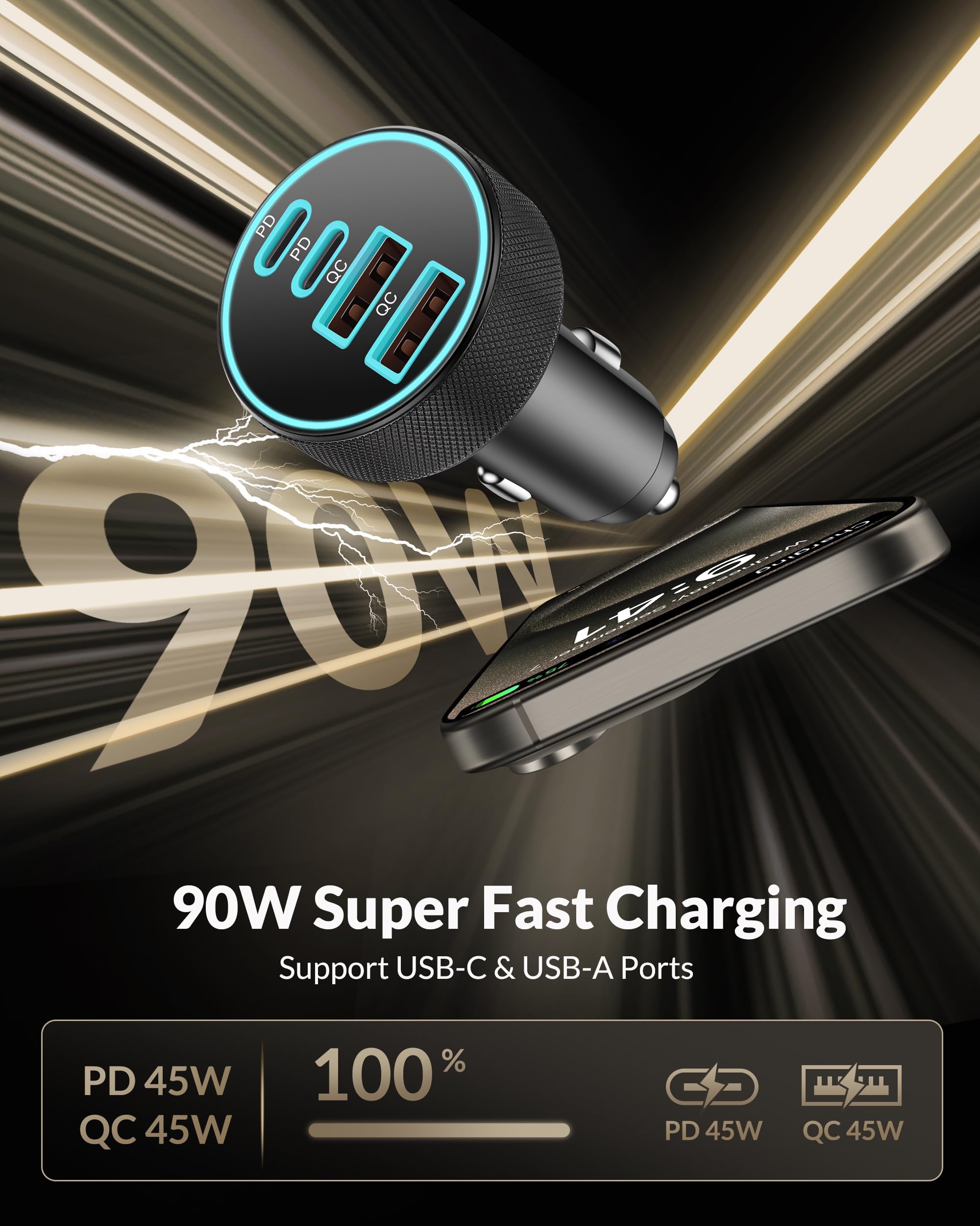 90W USB C Car Charger, 4-Port Dual 45W USB-C/A Car Adapter Multi PD/QC Fast Charging Cigarette Lighter 12V Socket for iPhone 17/Air/16/16e/15 Pro Max, Samsung Galaxy S25/S24, Google Pixel 10/9 Phone — view 2