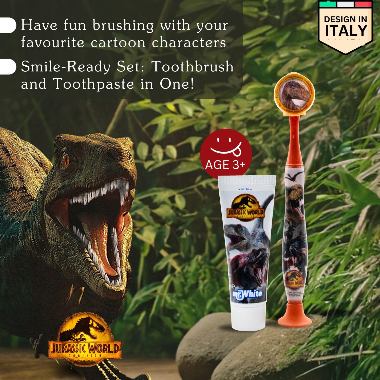 Jurassic World - Kit da viaggio per l'igiene orale, contiene dentifricio al gusto di fragola e spazzolino da denti con tappo di protezione, ventosa, manico comodo e setole morbide per bambini