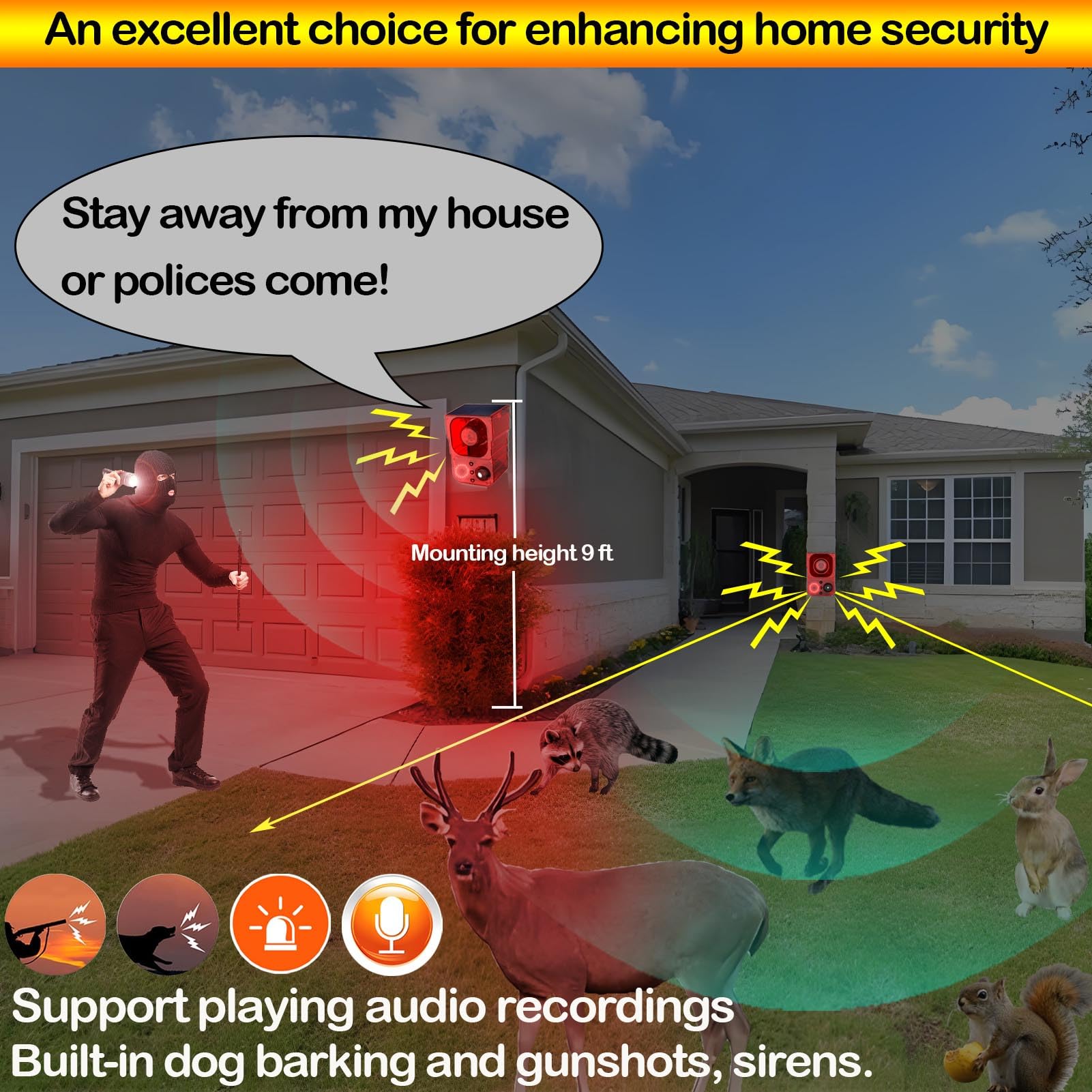 Alarma solar con sensor de movimiento para exteriores – sonidos de ladridos de perros, disparos y sirena para exteriores e interiores. Fabricante de ruido fuerte de 130 db. Luz