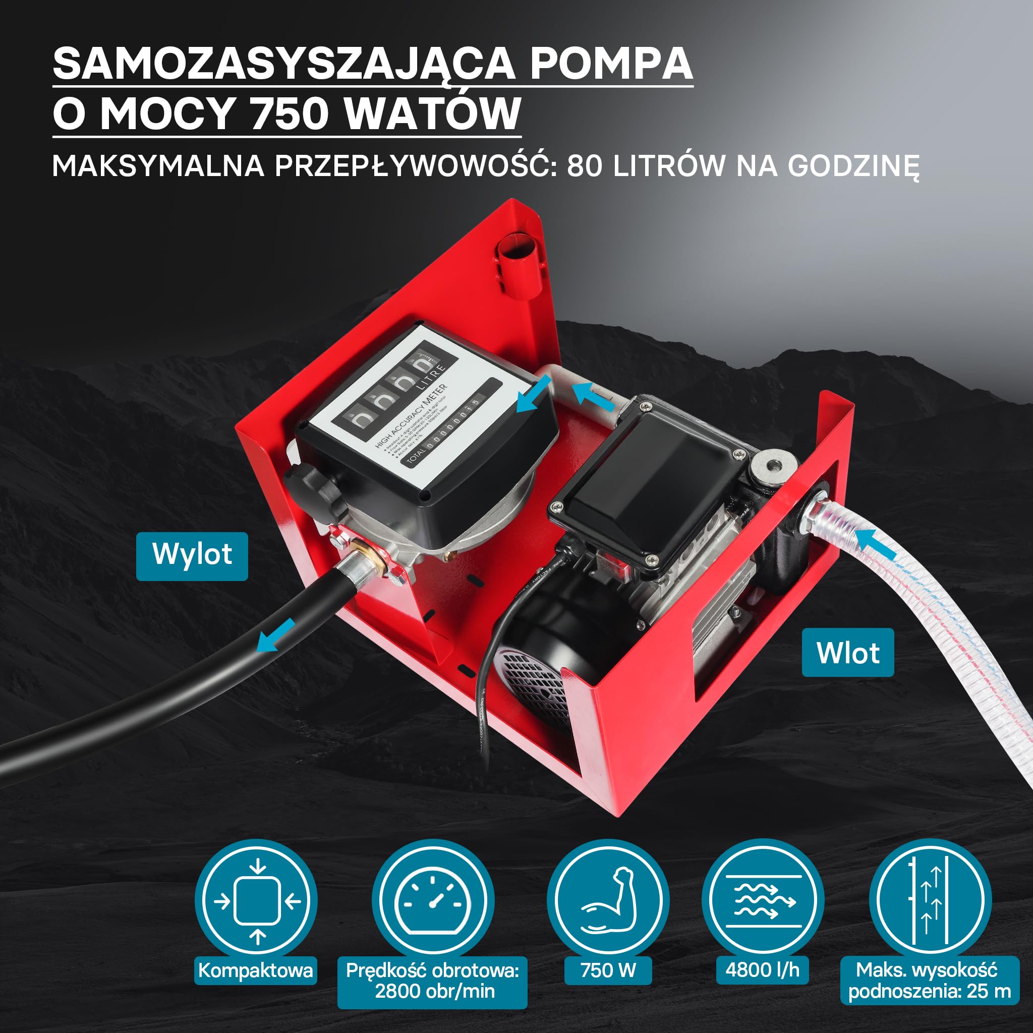 Wiltec Pompa do oleju napędowego i opałowego 750 W 80 l/min, samozasysająca z wbudowanym licznikiem, wężami i pistoletem