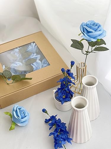 Vista 3 de 25 rosas artificiales de seda de color azul claro, rosas artificiales de tacto real con tallo de flores sintéticas, caja de regalo para bodas