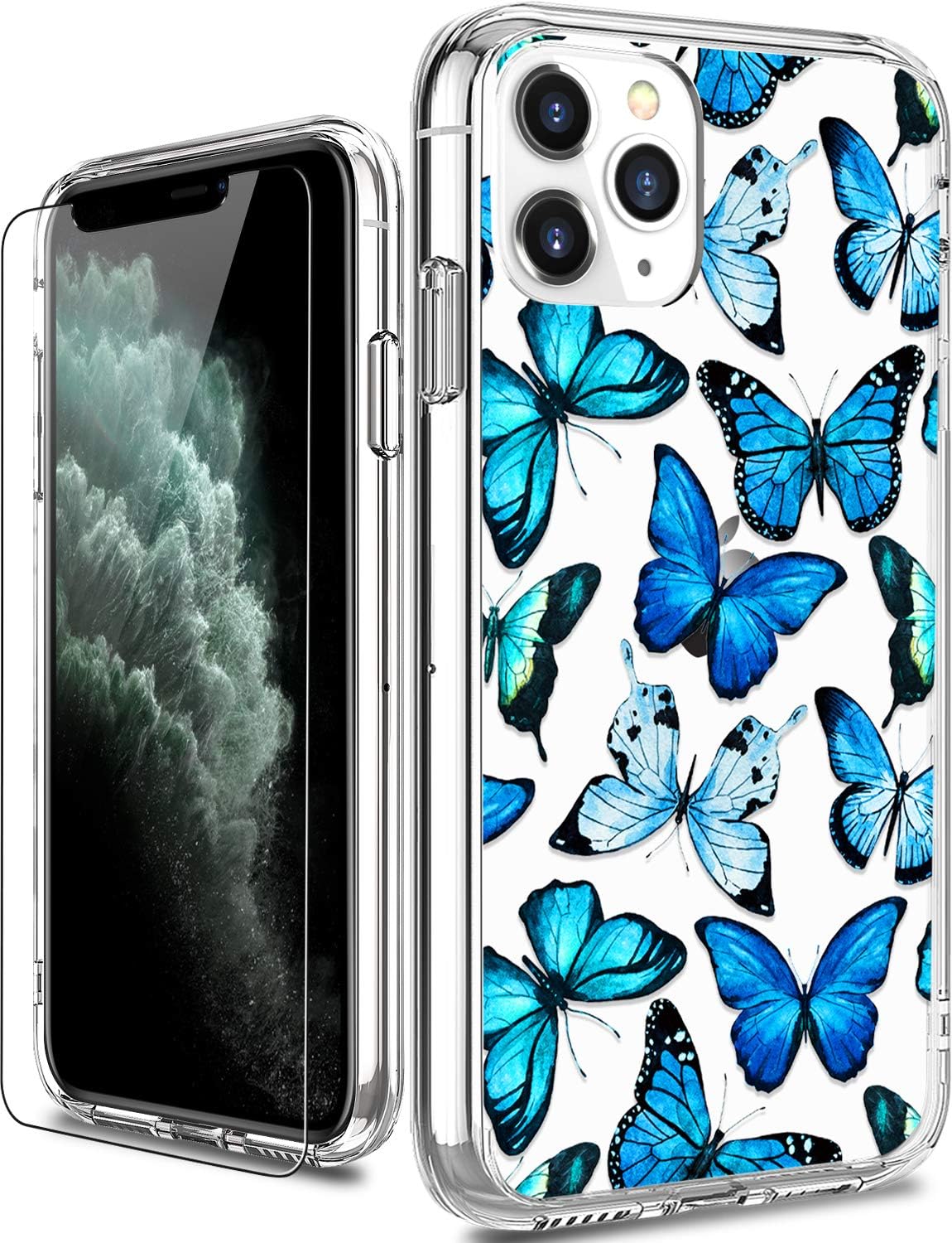 LUHOURI iPhone 11 Pro Max Case with Screen Protector, Clear Fashion Designs Protective Phone Cover for Women Girls, Slim Durable Phone Case for iPhone 11 Pro Max 6.5" Blue Butterflies