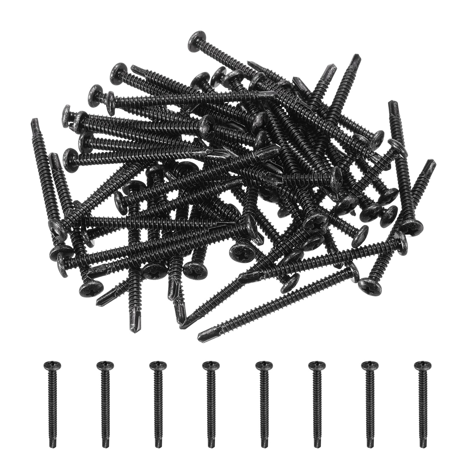 sourcing map 60Pcs M4.8 x 60mm Pan Head Self Tapping Screws, Galvanized Carbon Steel Self Drilling Screws for Metal Sheet Metal Screw, Black