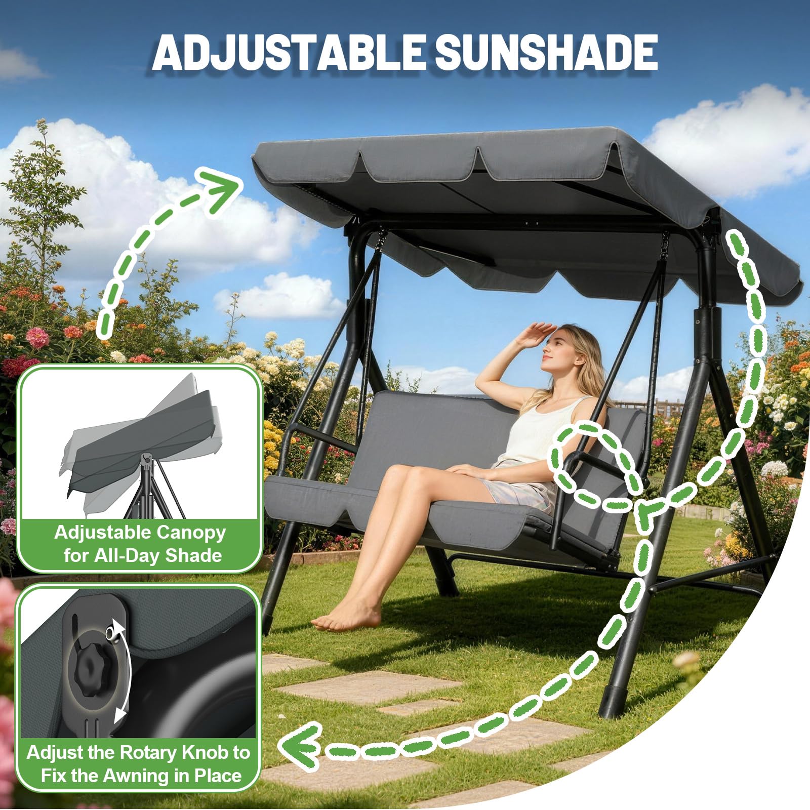 Hollywoodschaukel 3-Sitzer Outdoor mit Verstellbarem Sonnendach – Gartenschaukel mit Komfortabler Polsterung, Bis 200kg Belastbar & Teslin-Sitz – Maße 193x110x152cm,Grau