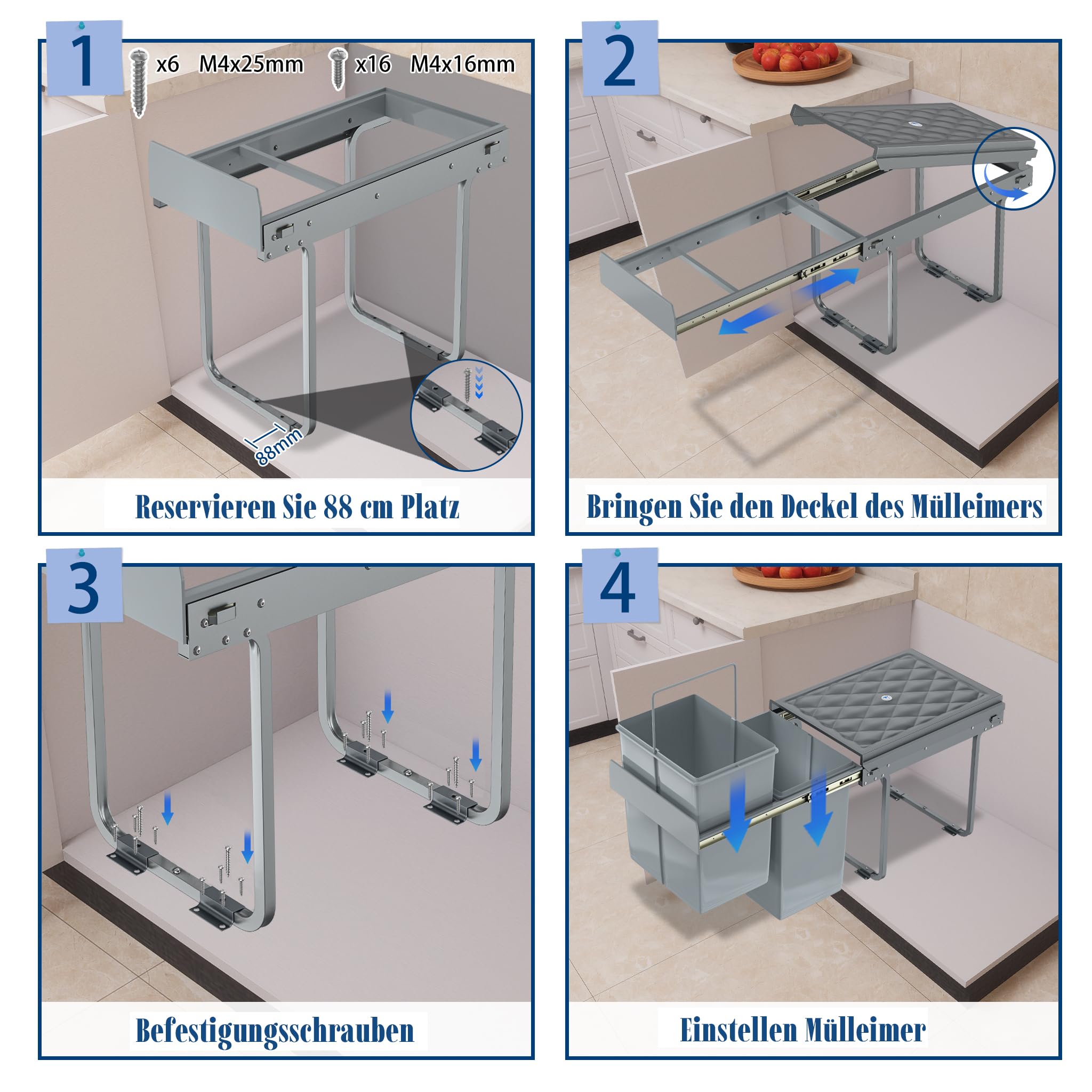 FIVMEN Einbaumülleimer Küche 3 Fächer Ausziehbar Mülleimer Abfalleimer Küche Unterschrank mit Teleskopschienen Küchenmülleimer Einbau Mülltrennsystem Grau, 1x20L+2x10L