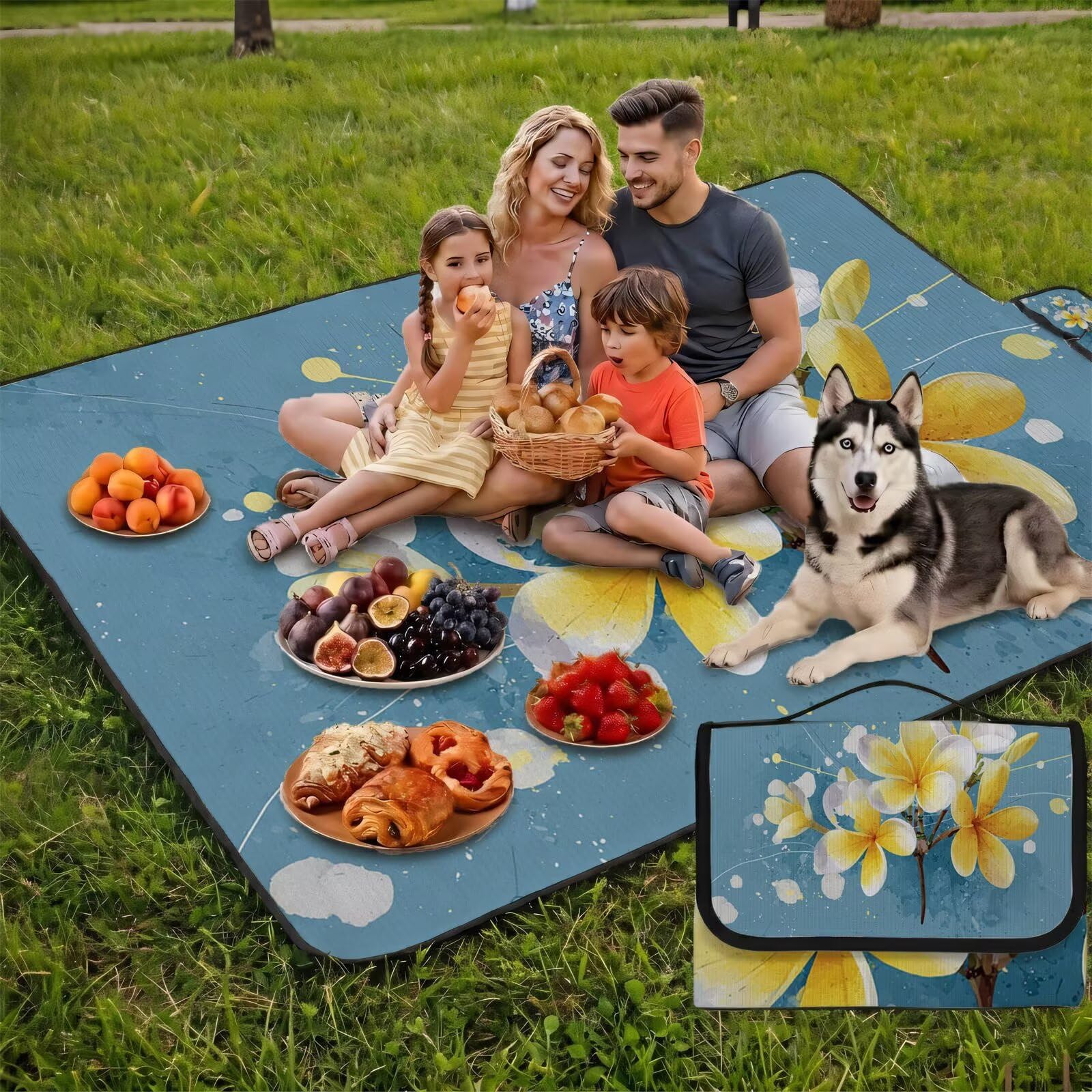 Couverture Pique Nique Grande 200x300cm,Outdoor Couverture Imperméable,Pliable Tapis de Plage Dos en PVC,Picnic Blanket pour Camping Accessoires,Jardin,Parc,Famille - Fleurs Jaunes,Turquoise FZ-183