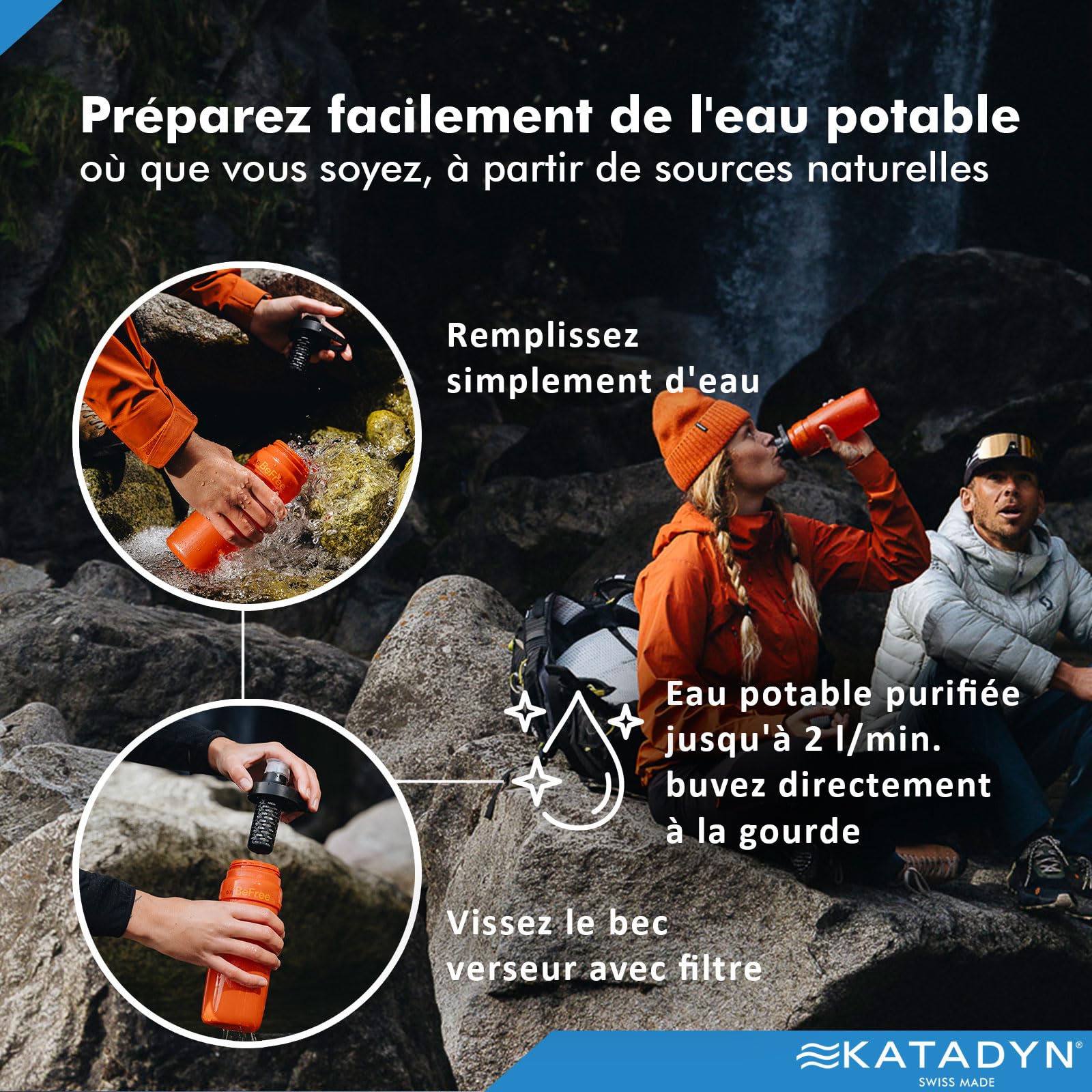 Katadyn BeFree AC Bottle Gourde filtrante à eau pour extérieur, 0,7 l, ultra légère, fibre creuse et charbon actif, pour camping, randonnée, trekking, voyage, filtration de l'eau portable sans BPA