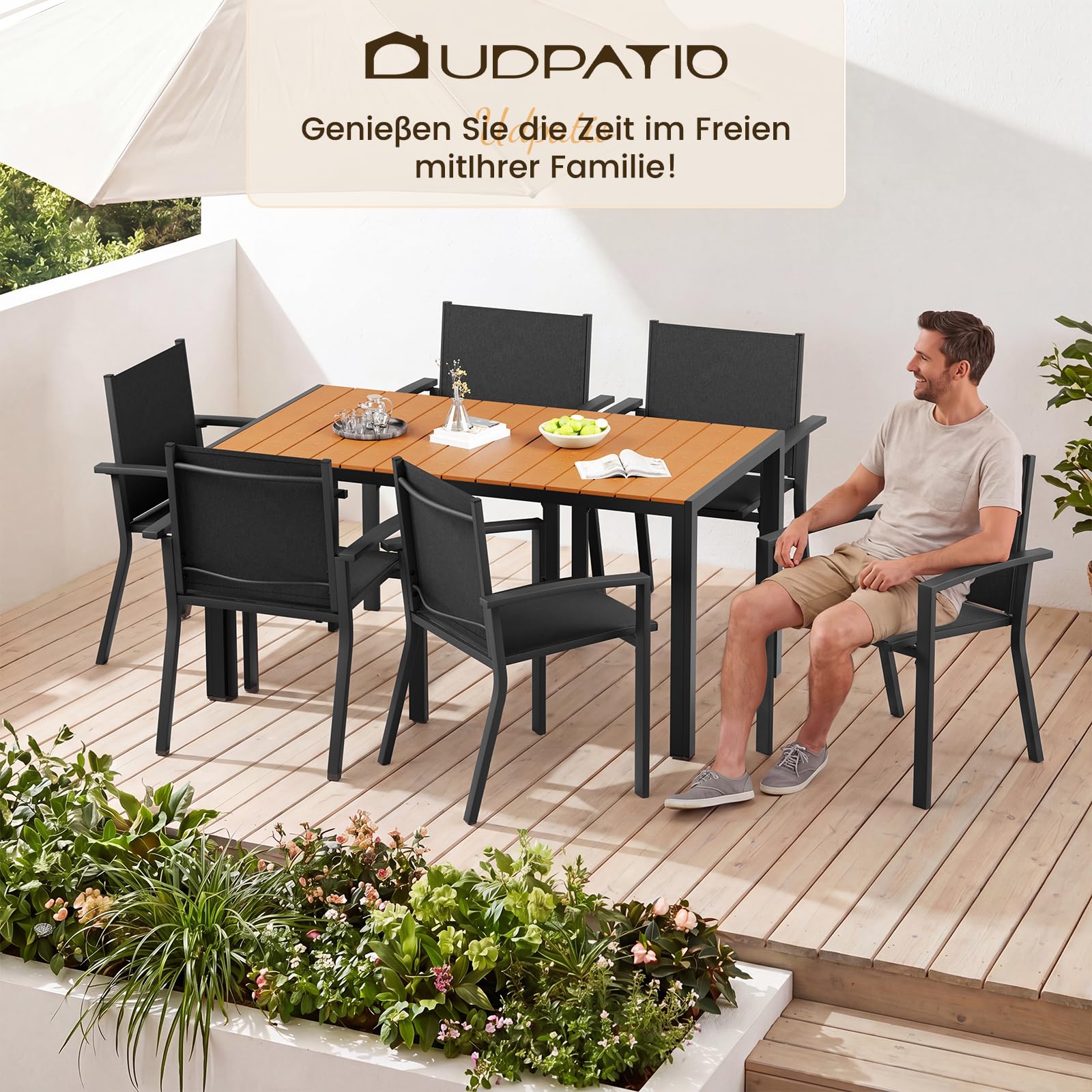 UDPATIO Wetterfest Gartenmöbel Set 7-TLG, Aluminium WPC Gartentisch + 6er Gartenstühle Stapelbar mit Armlehnen, Terrassenmöbel Balkonmöbel für Garten,Terrasse,Veranden, Teakbraun + Schwarz