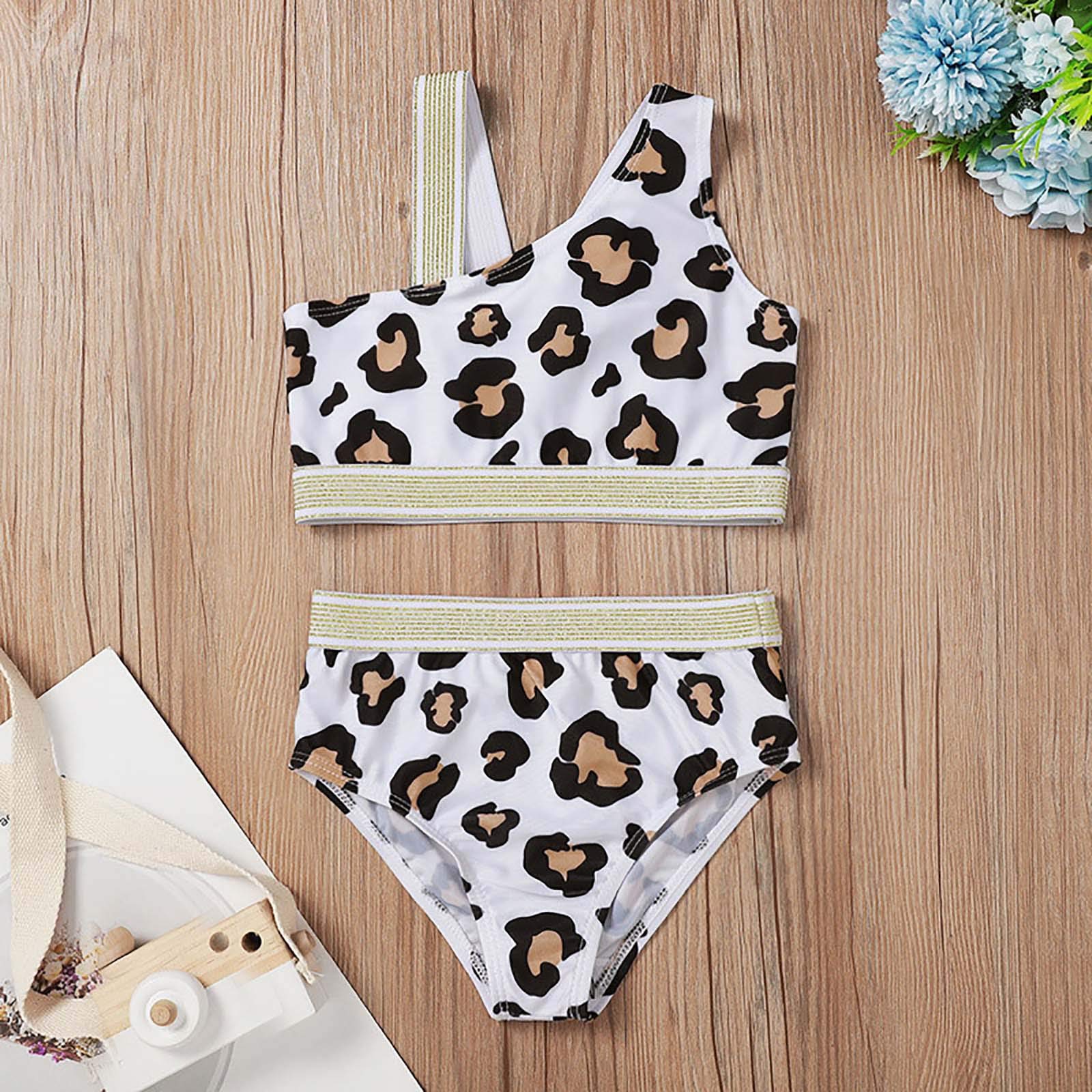TTAO Baby Girls 2pcs Swimwear One Shoulder Vest Crop Top Bottom Panties Bikini Set Bathing Suit White Leopard Print 2-3